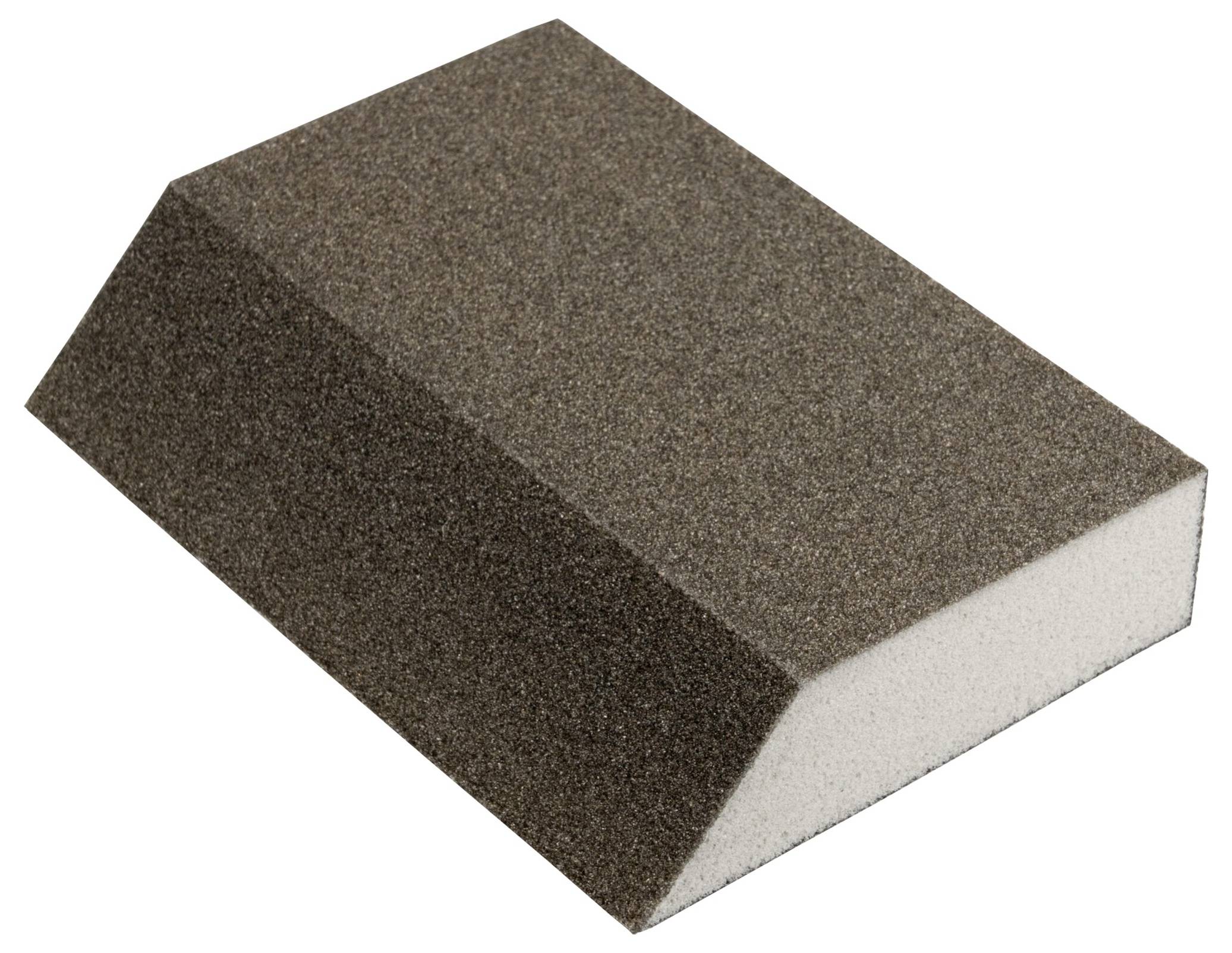 A brown sanding sponge with an angled edge, used for smoothing surfaces in woodworking and home improvement projects.