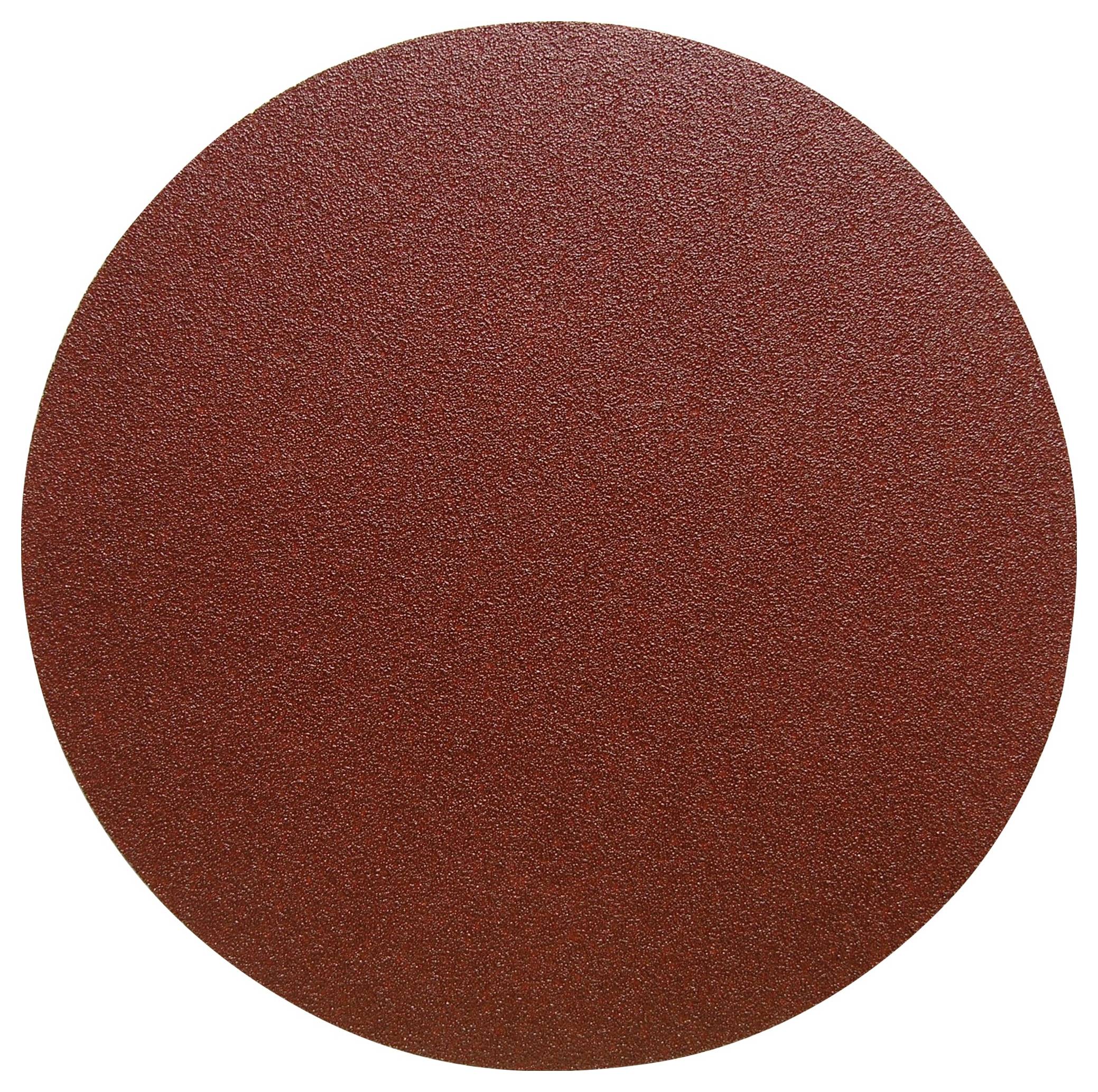 A round sheet of coarse red sandpaper, used for smoothing or polishing surfaces.