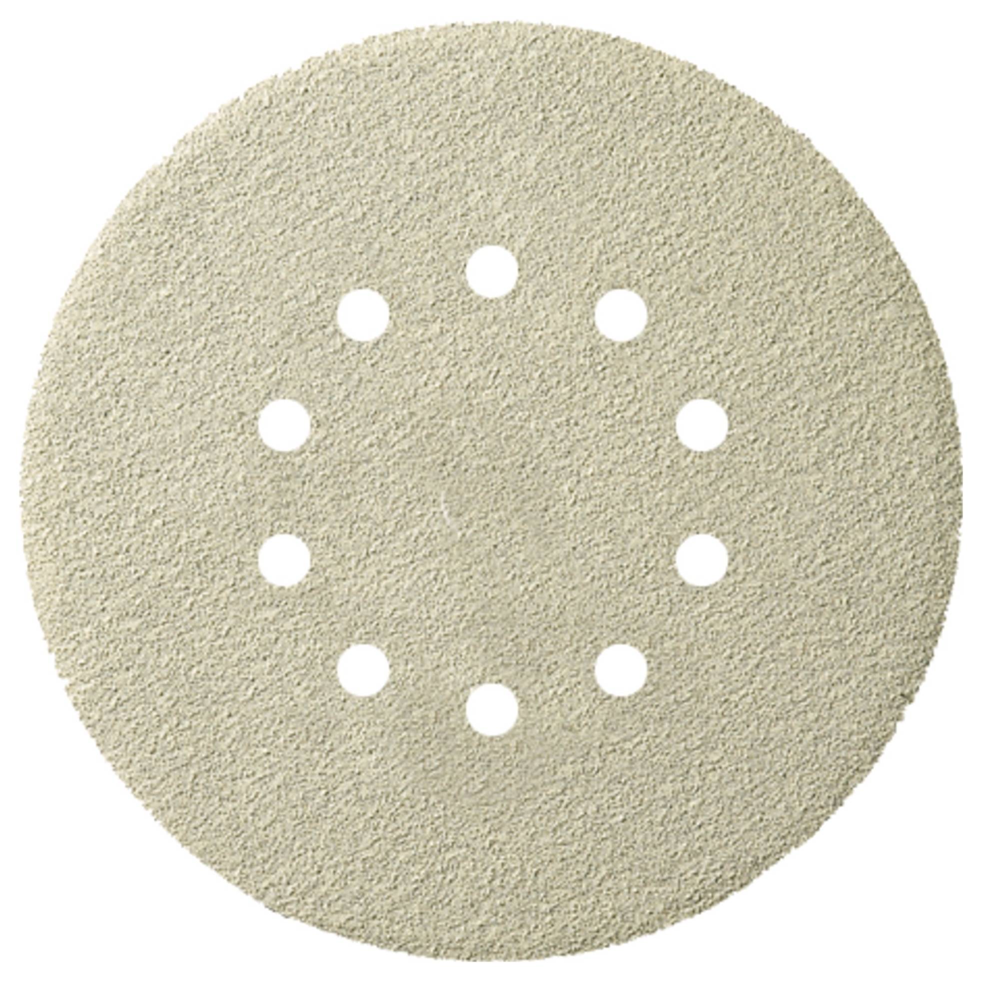A round sandpaper disc with 11 evenly spaced holes in the center arranged in a circular pattern.