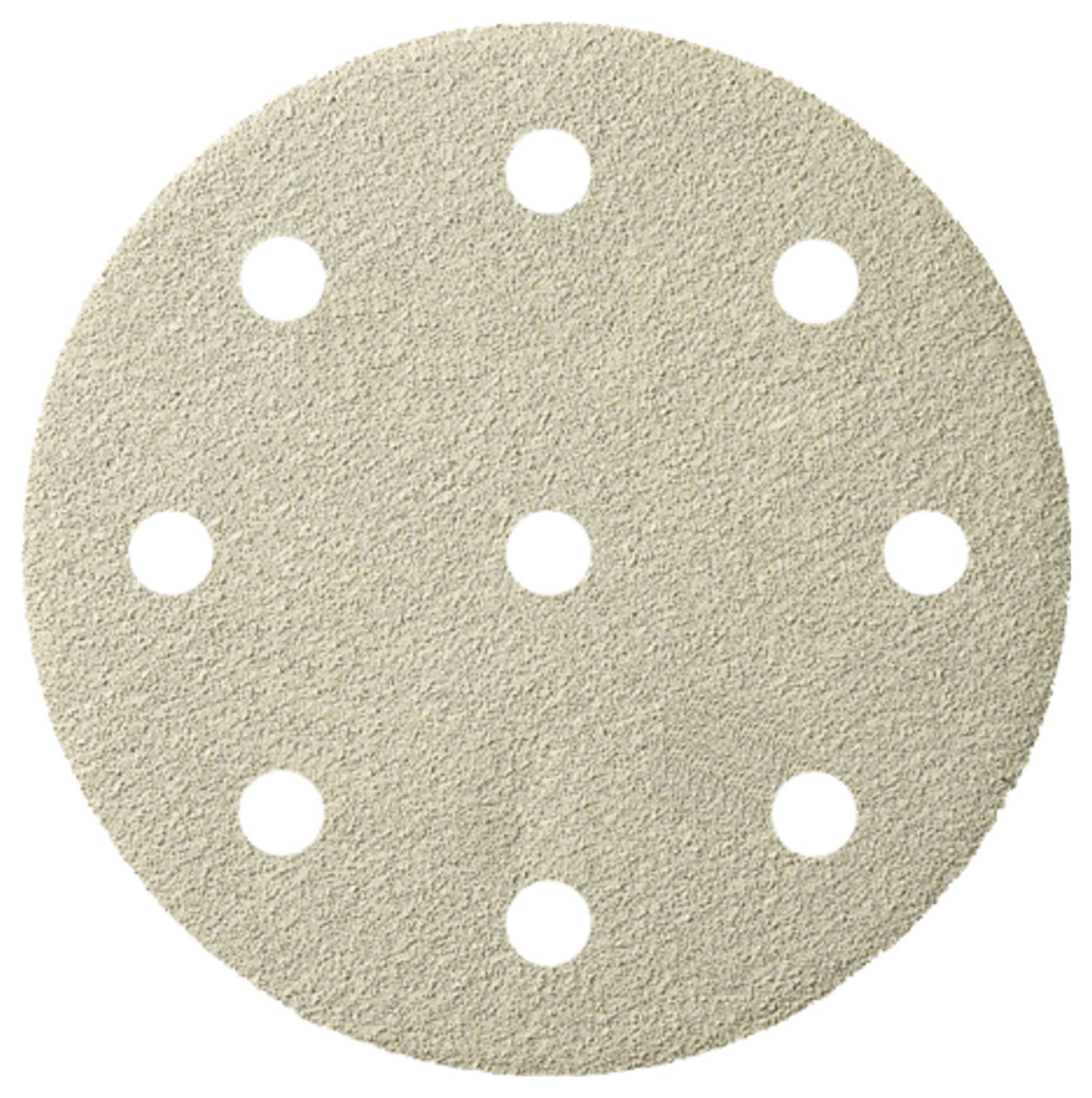 Close-up of a round, beige sanding disc with eight evenly spaced holes, used for sanding surfaces in woodworking or metalwork.