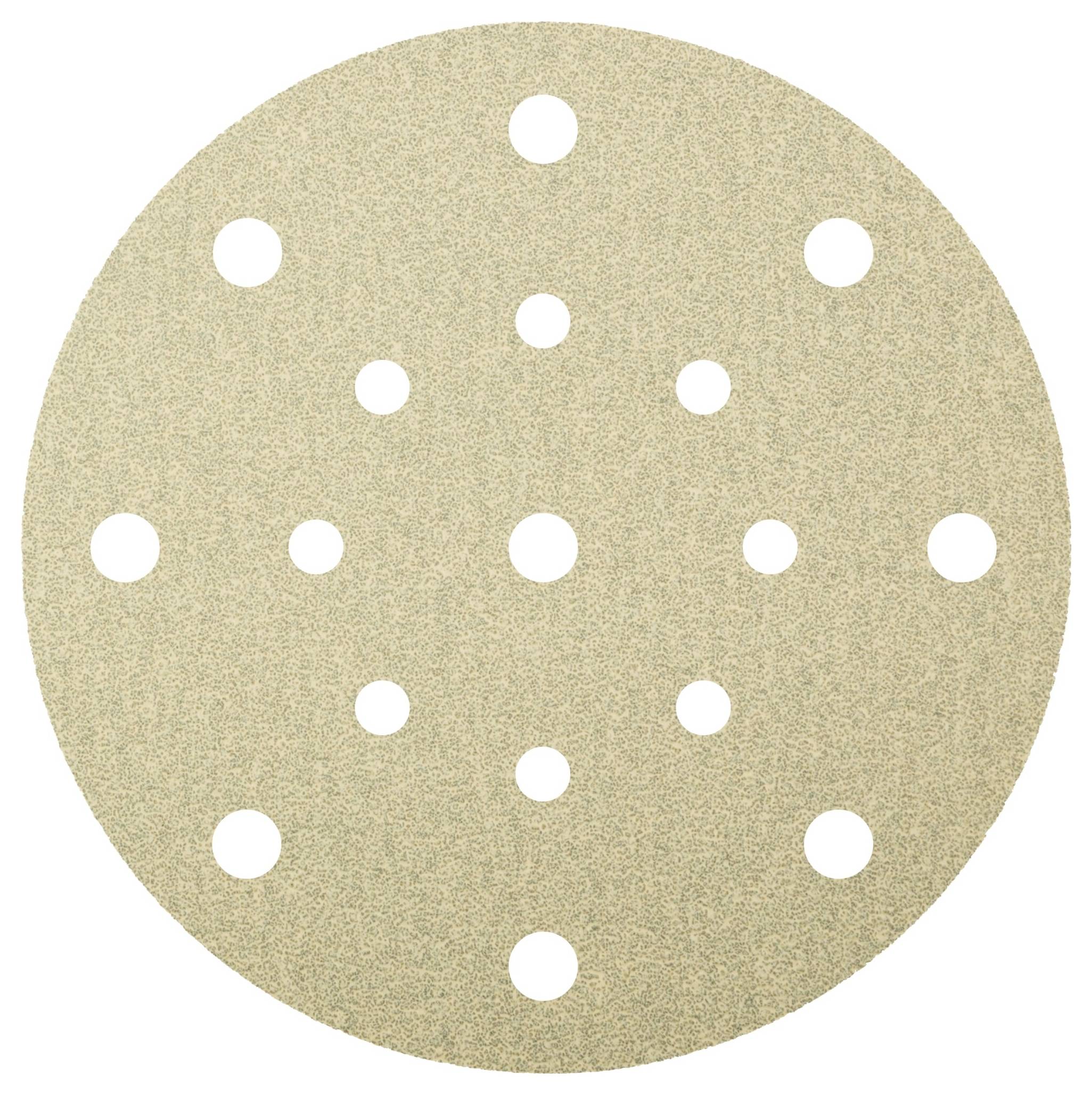 A round sandpaper disc with multiple holes evenly distributed across its surface.
