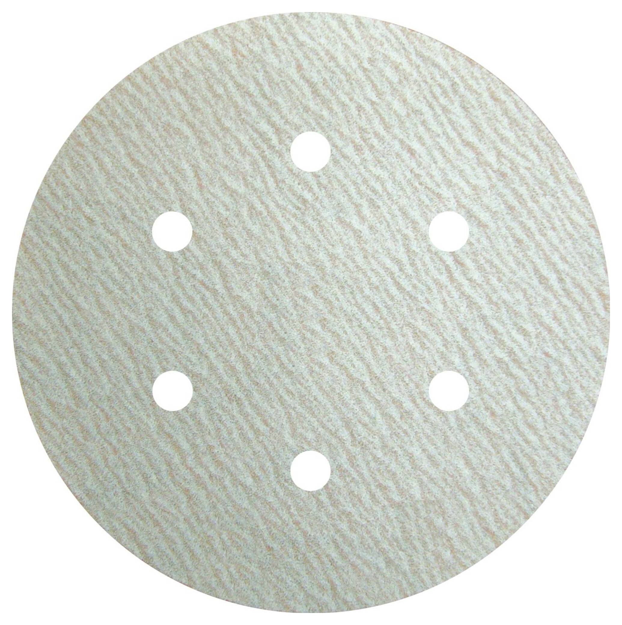 Round sandpaper disc with six evenly spaced holes, featuring a textured surface for sanding purposes.