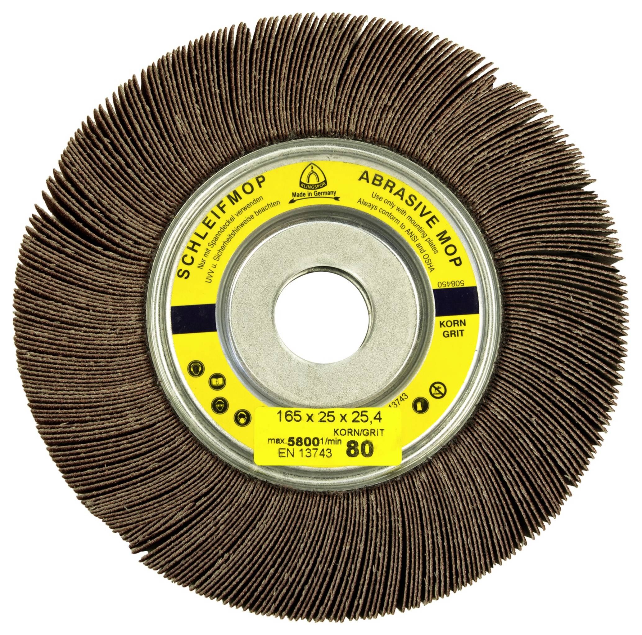 Schleifmop/Schleifmopp, ein Werkzeug zum Schleifen, das kreisförmige Schleifstreifen besitzt, mit einer maximalen Drehzahl von 6900 U/min, Körnung 80, verwendet für Metallbearbeitung.