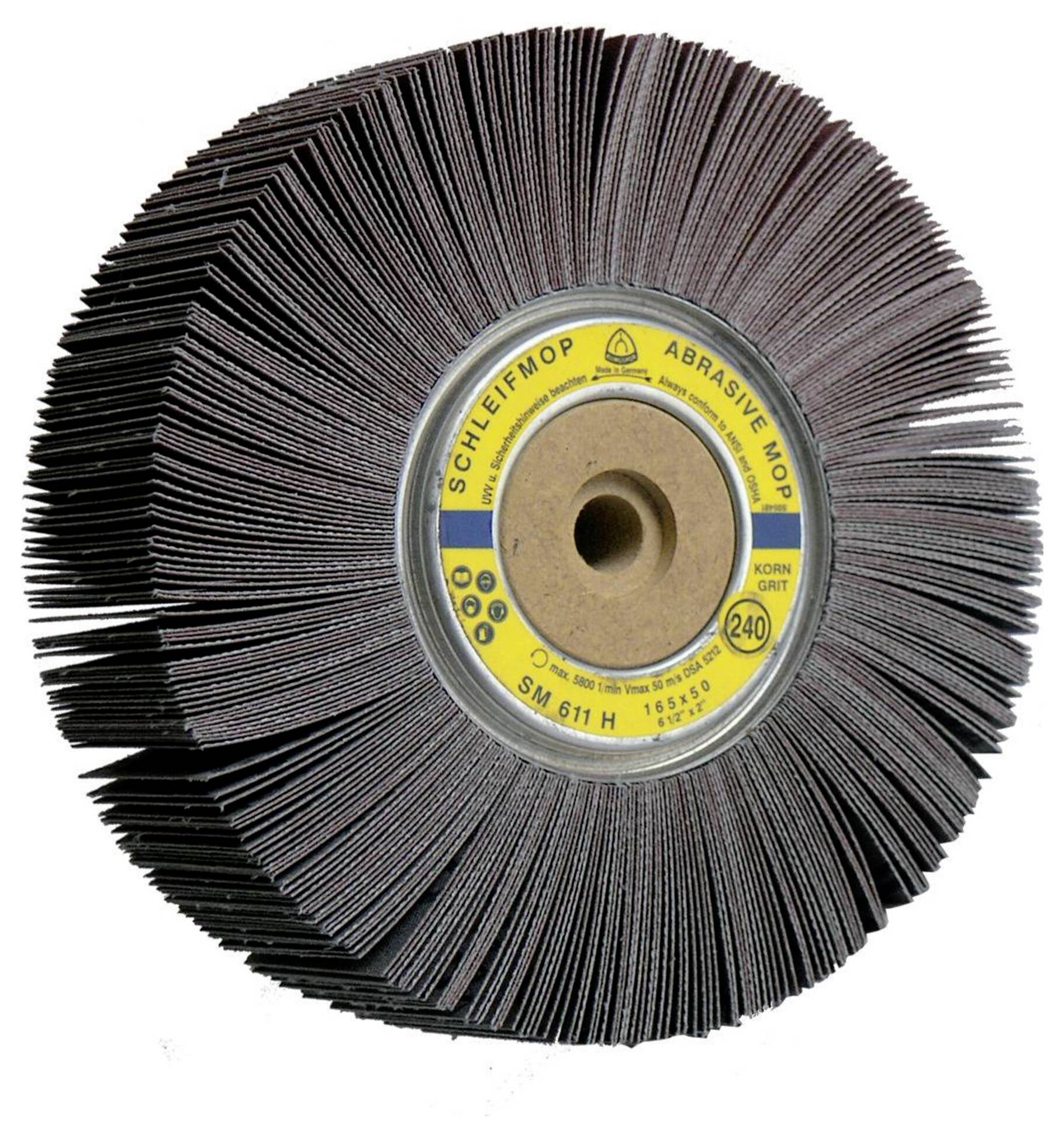 'Schleifmop SM 611 H' Scheibe mit geschliffenen Lamellen zum Schleifen, Körnung 240, zeigt Produktetikett und Design.