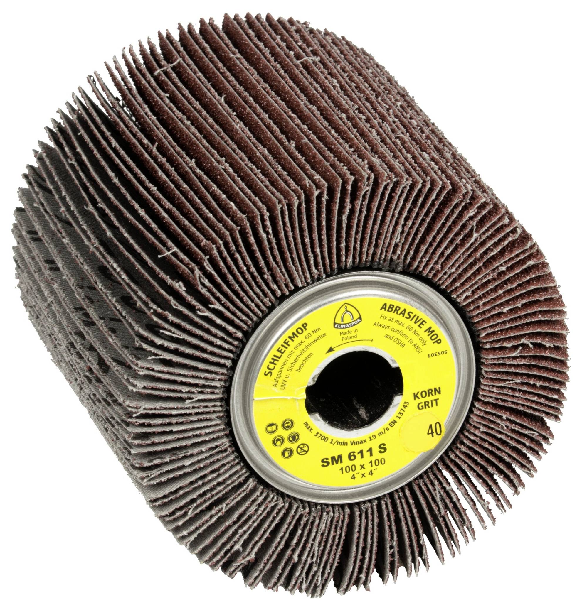 Eine zylindrische Schleifmop mit braunen Schleiflamellen, die radial um einen zentralen kreisförmigen Kern angeordnet sind. Etikett liest: 'Abrasive Mop 100x100 SM 611 s'.