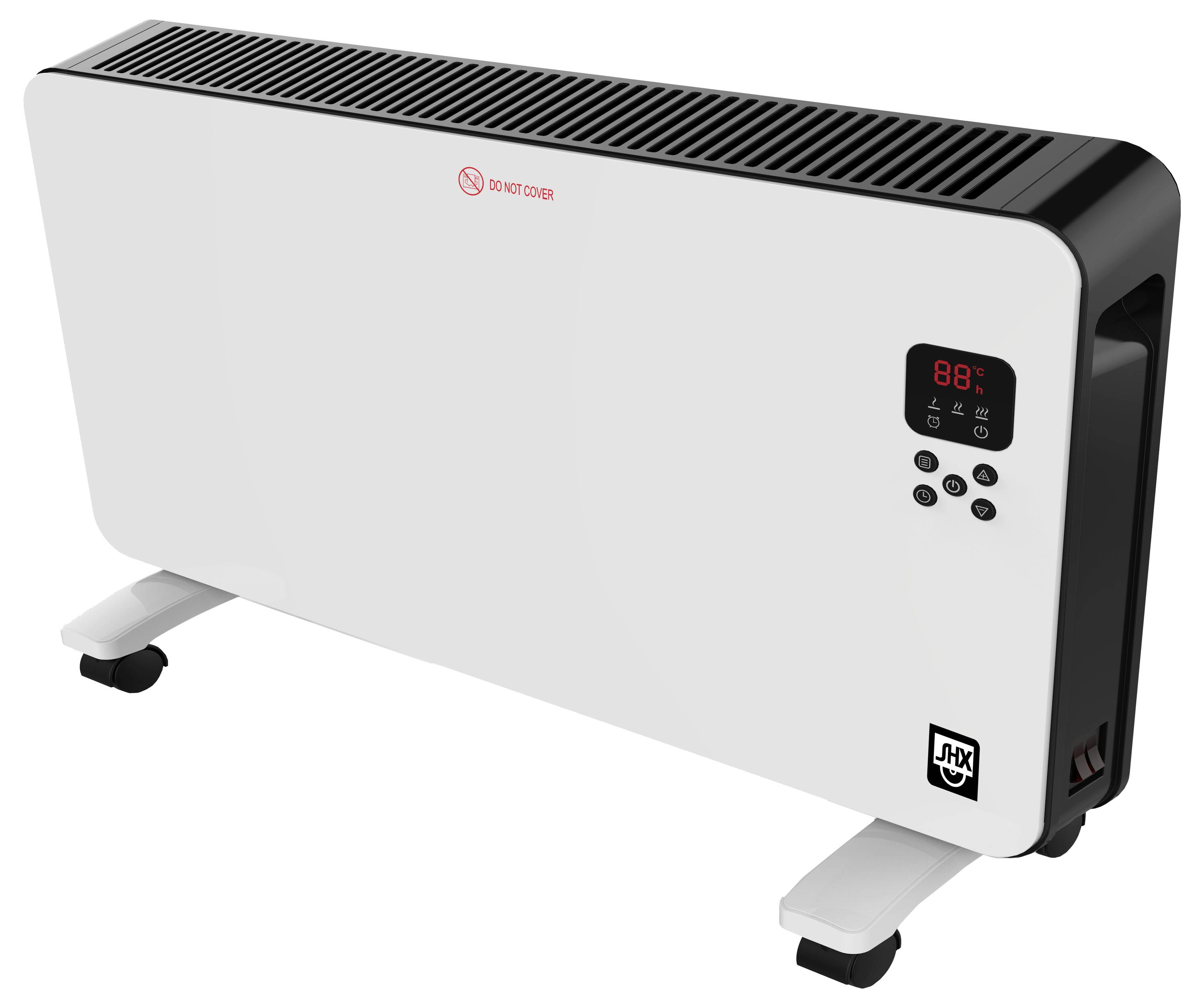 Weißer digitaler Heizpaneel mit 'Nicht abdecken'-Warnung, schwarzen Lüftungsschlitzen, Temperaturanzeige mit '88°' und Plus/Minus-Einstellungsregler.