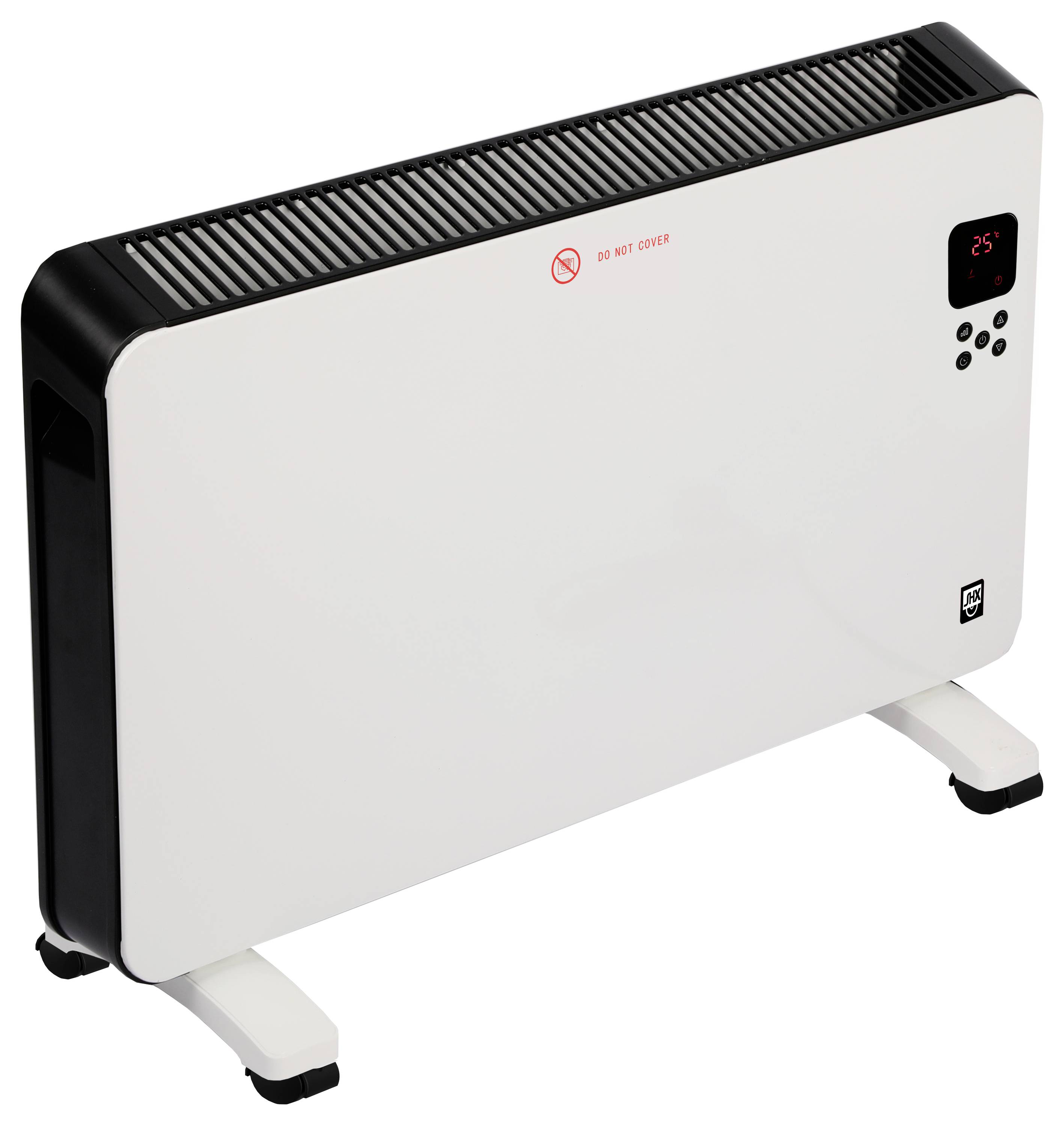 Ein weißer Elektroheizer mit einer digitalen Anzeige, die '25°' zeigt. Das Gerät trägt die Warnung 'Nicht abdecken' und steht auf zwei Stützbeinen.