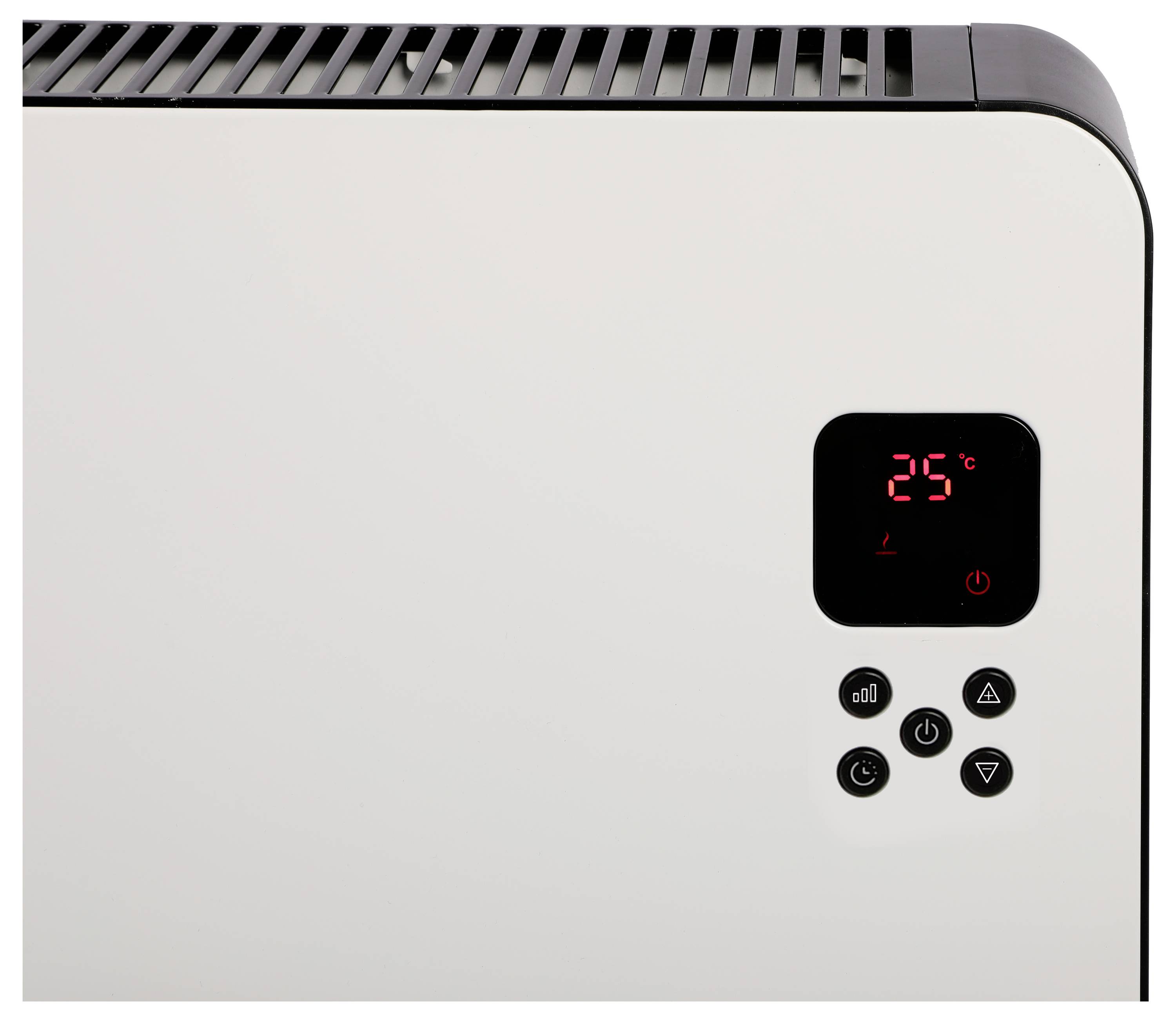 Eine Nahaufnahme des digitalen Bedienfelds eines Heizgeräts, das auf 25°C eingestellt ist, mit Tasten für Ein/Aus, Temperatureinstellung und Einstellungen.