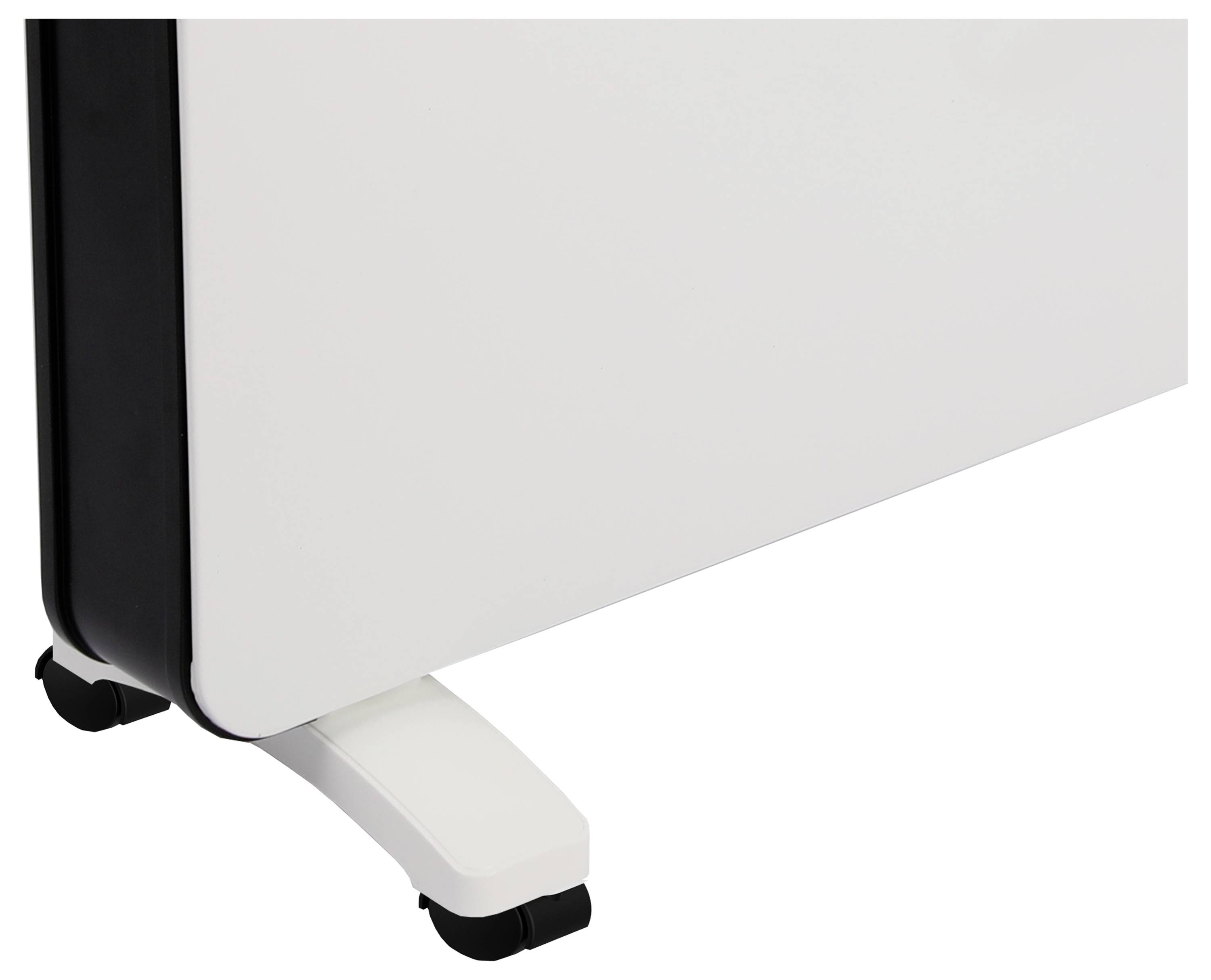 Teilansicht eines tragbaren weißen Heizgeräts mit Rollen, das ein schlankes Design für einfache Mobilität aufweist.