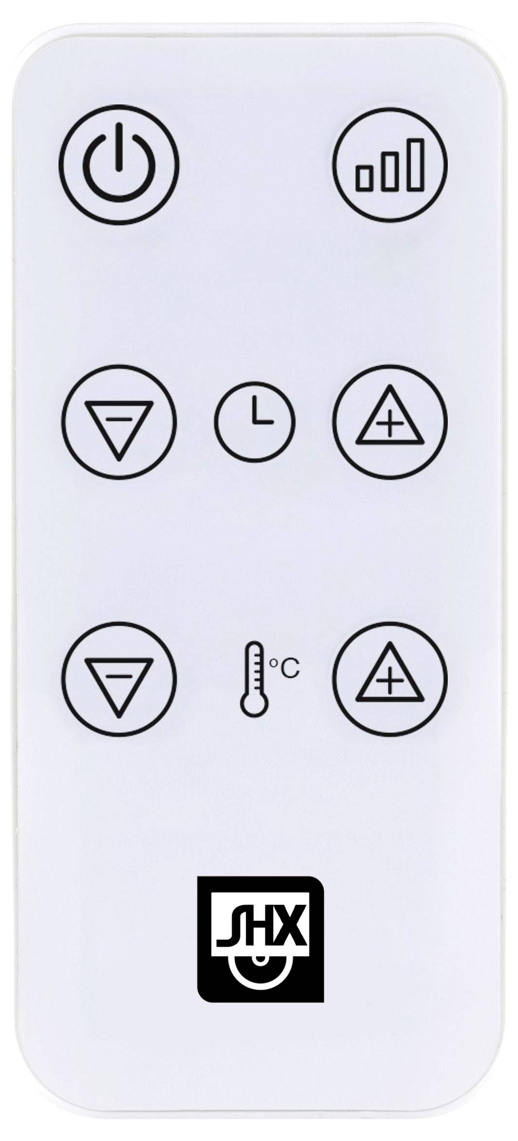 Fernbedienung mit sechs Tasten, die Leistung, Lüftergeschwindigkeit, Timer, hoch, runter und Temperatur in Celsius anzeigen, Logo am unteren Rand.