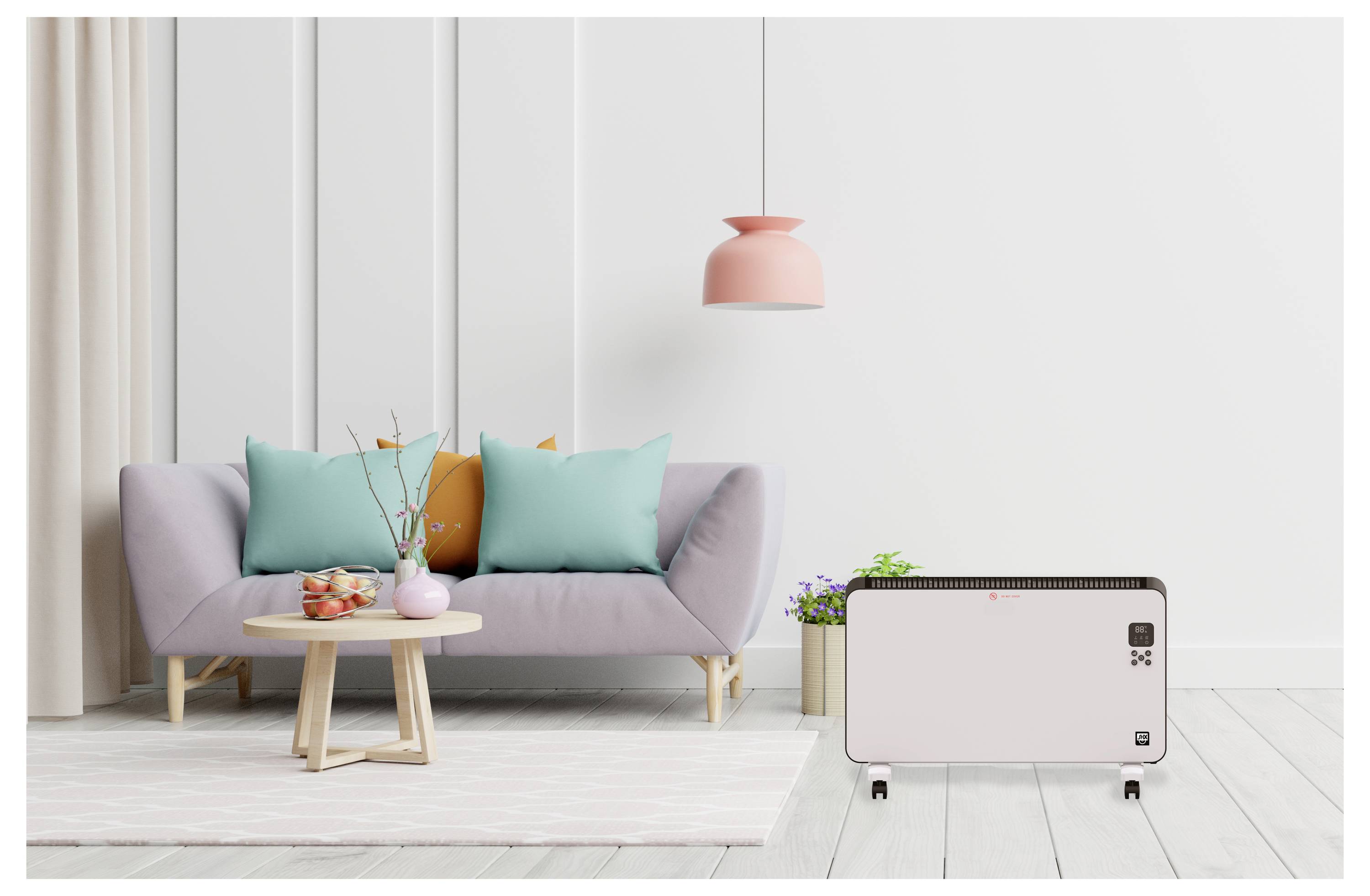 Ein modernes Wohnzimmer mit einem Sofa, bunten Kissen, einem Couchtisch mit einer Schale voller Äpfel, einer rosa Pendelleuchte und einem Heizkörper.