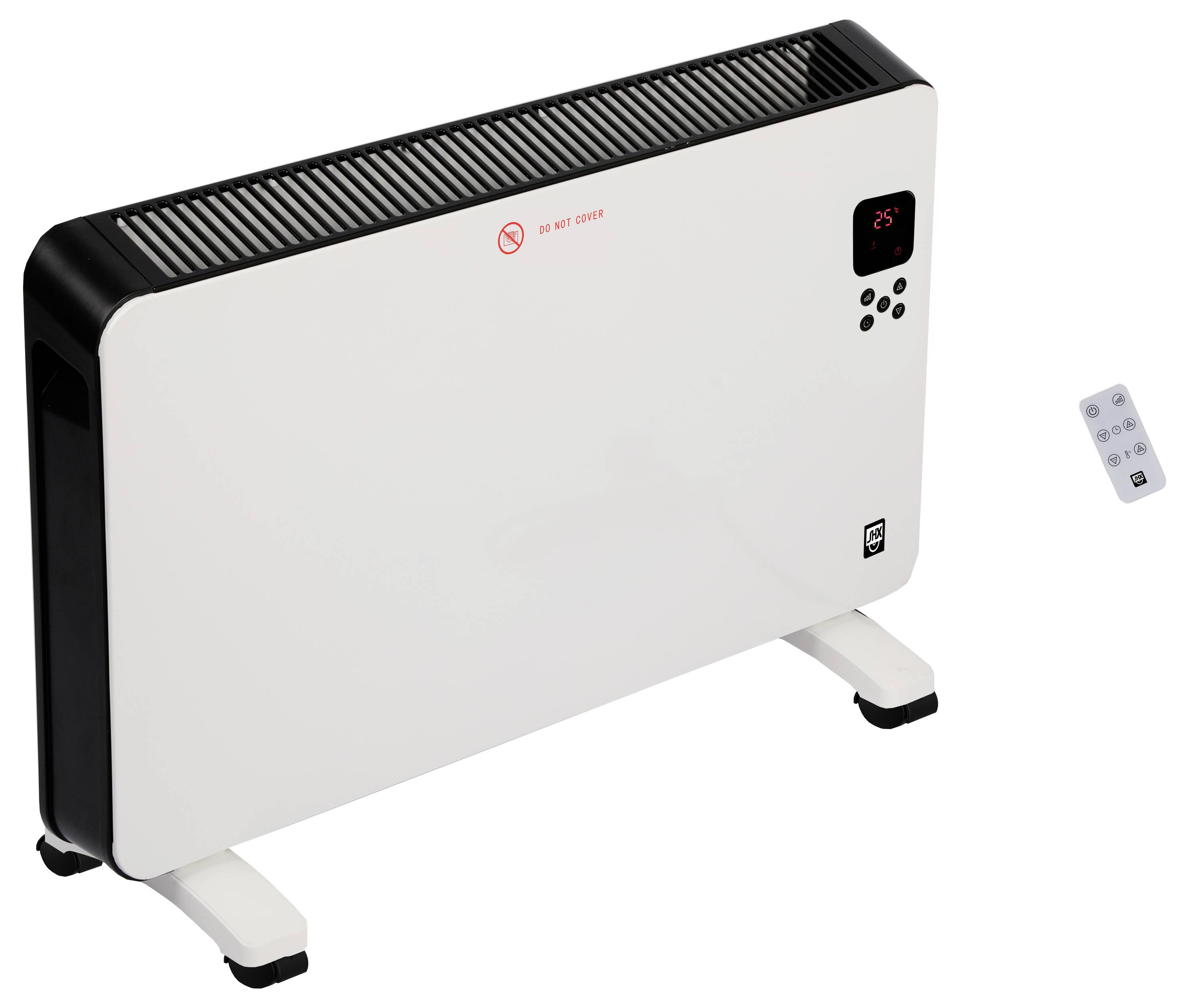 Ein weißer elektrischer Konvektionsheizkörper mit digitaler Steuerung, der '25°' anzeigt, und einer Fernbedienung.