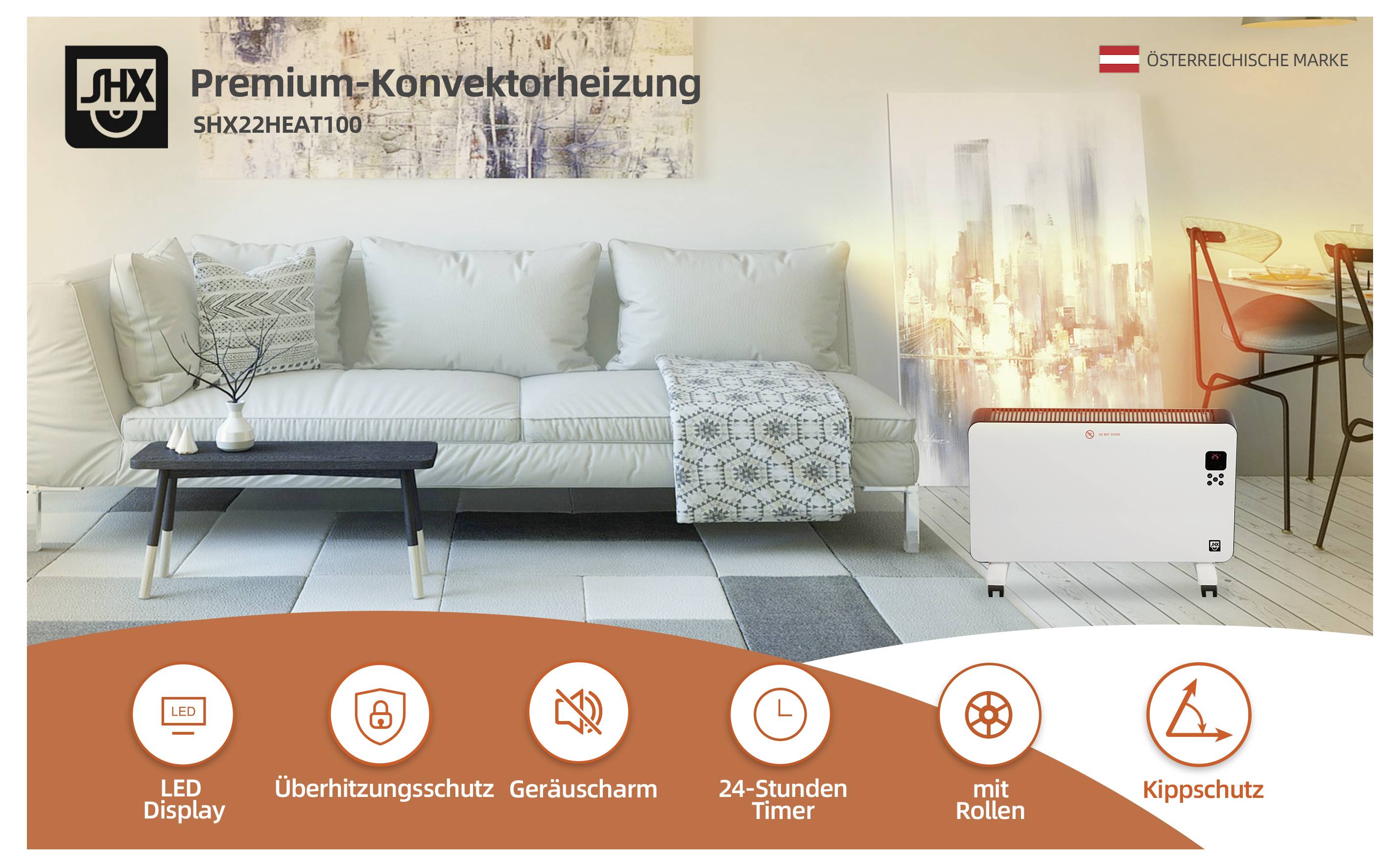Ein Wohnzimmer präsentiert ein Sofa, einen Tisch und einen Konvektorheizkörper mit der Bezeichnung 