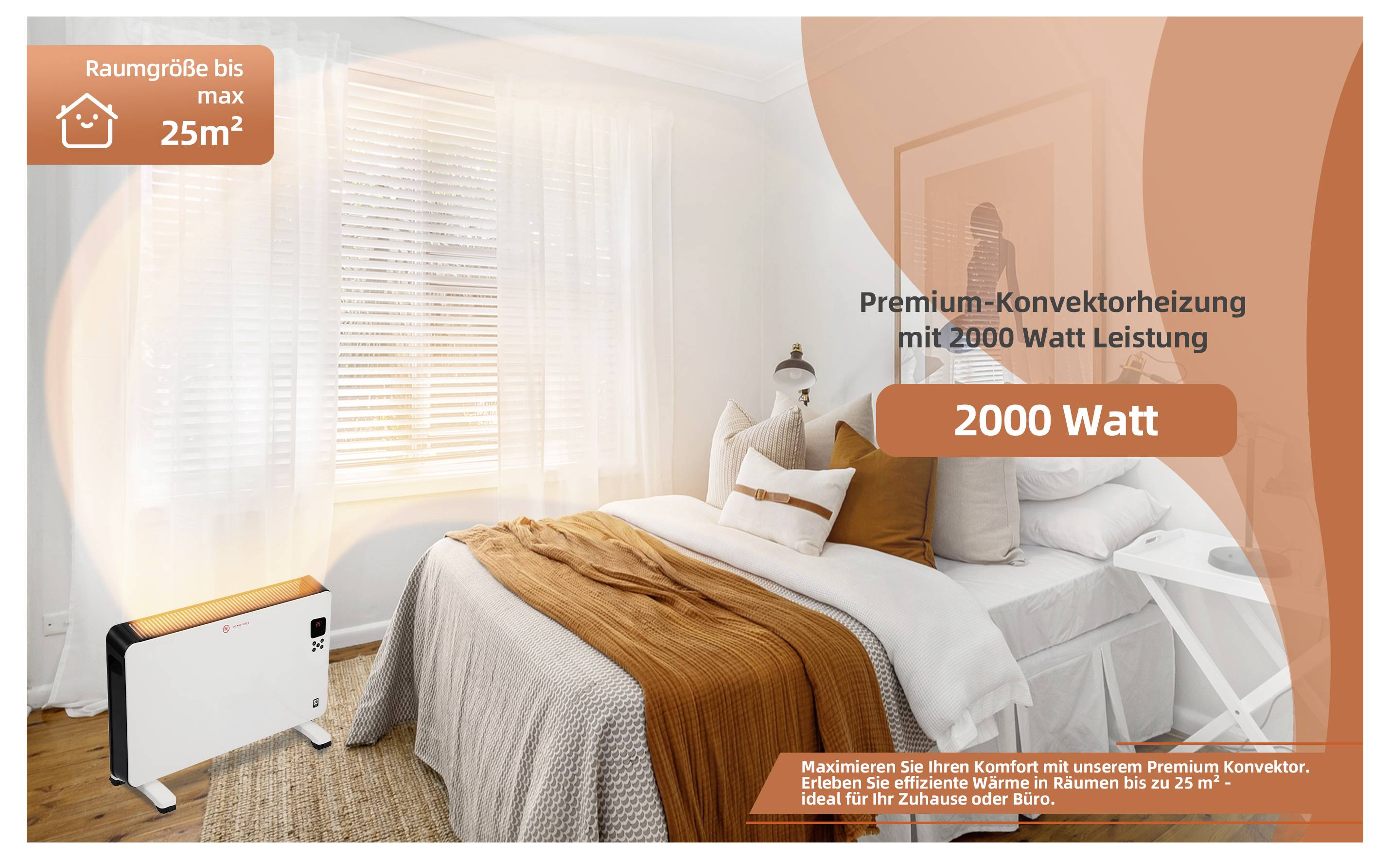 Premium-Konvektorheizung mit 2000 Watt Leistung in einem gemütlichen Schlafzimmer. Geeignet für Räume bis zu 25m².