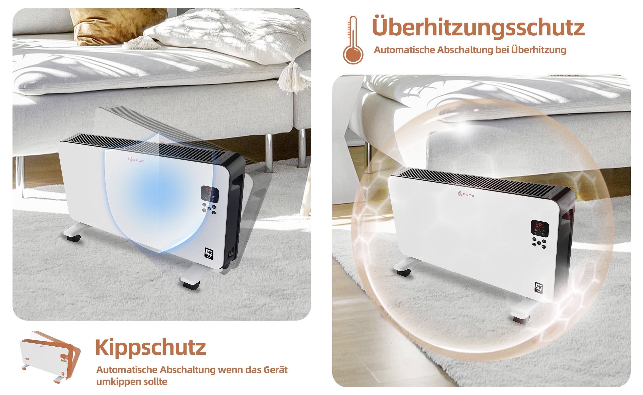 Darstellung eines Heizkörpers mit Kipp- und Überhitzungsschutz, der die automatische Abschaltung bei Umkippen oder Überhitzung hervorhebt.