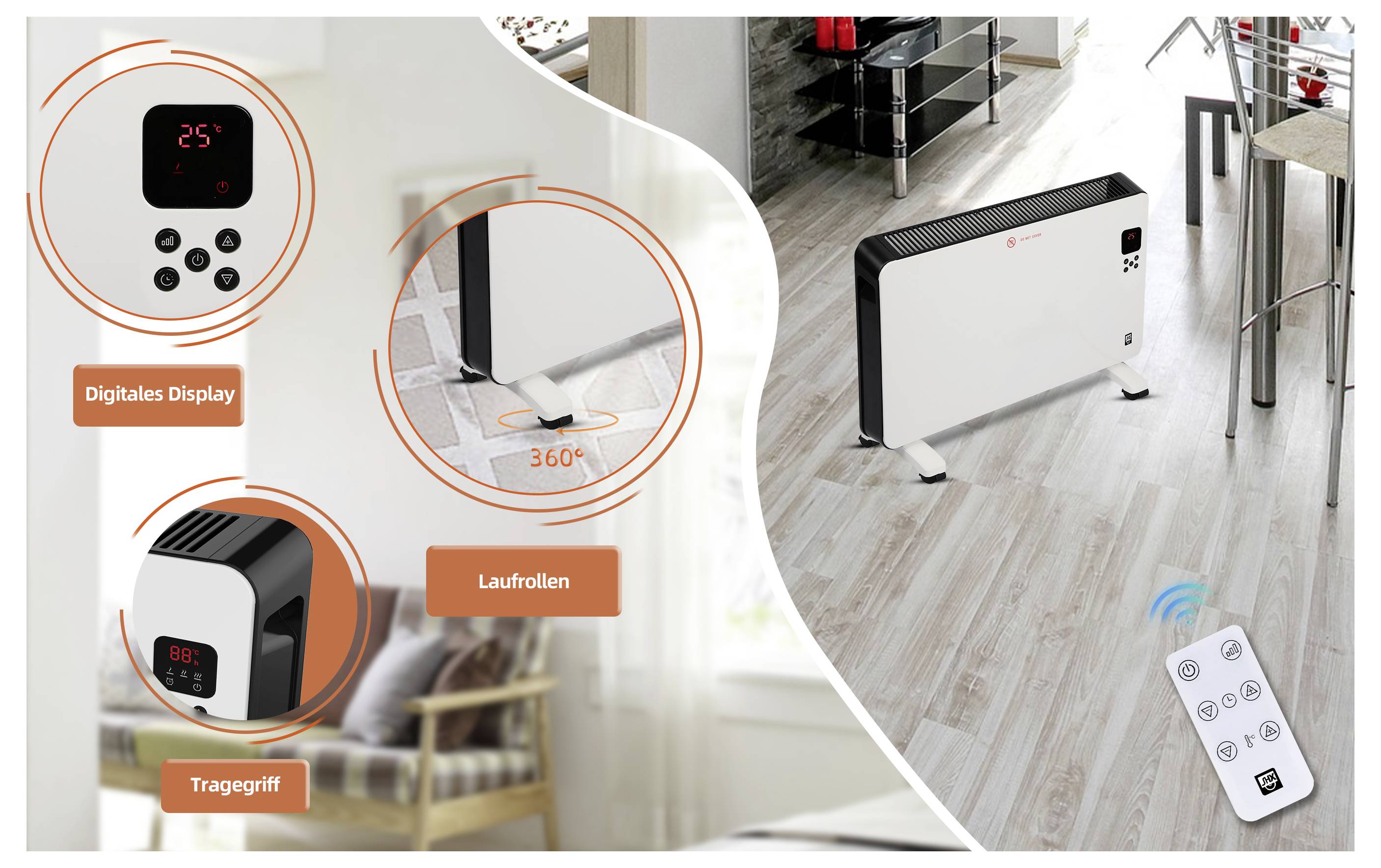 Elektrischer Konvektionsofen mit digitaler Anzeige, Tragegriff und Rädern für einfache Mobilität. Fernbedienung an der Seite.