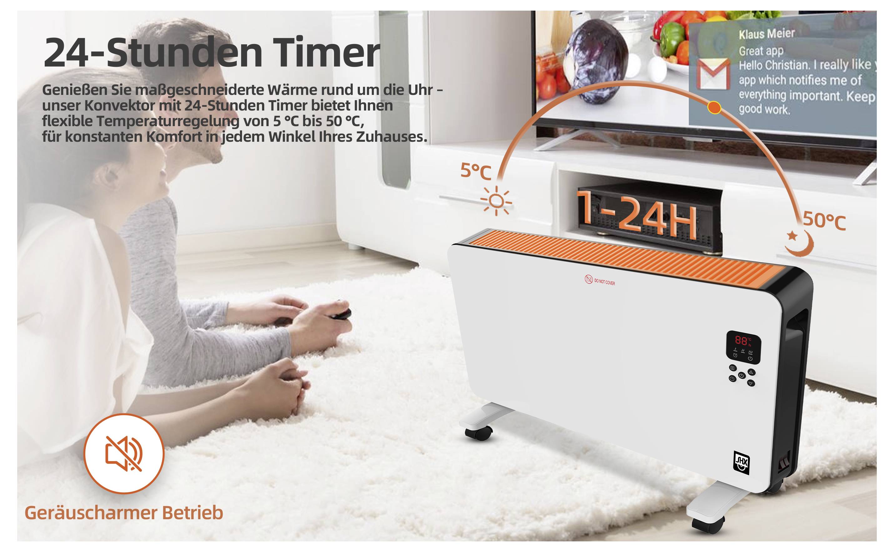 Ein digitales Display zeigt '1-24H' über einem weißen Konvektionsheizkörper mit orangefarbenem Oberteil, umgeben von Temperaturanzeigen von 5°C und 50°C.