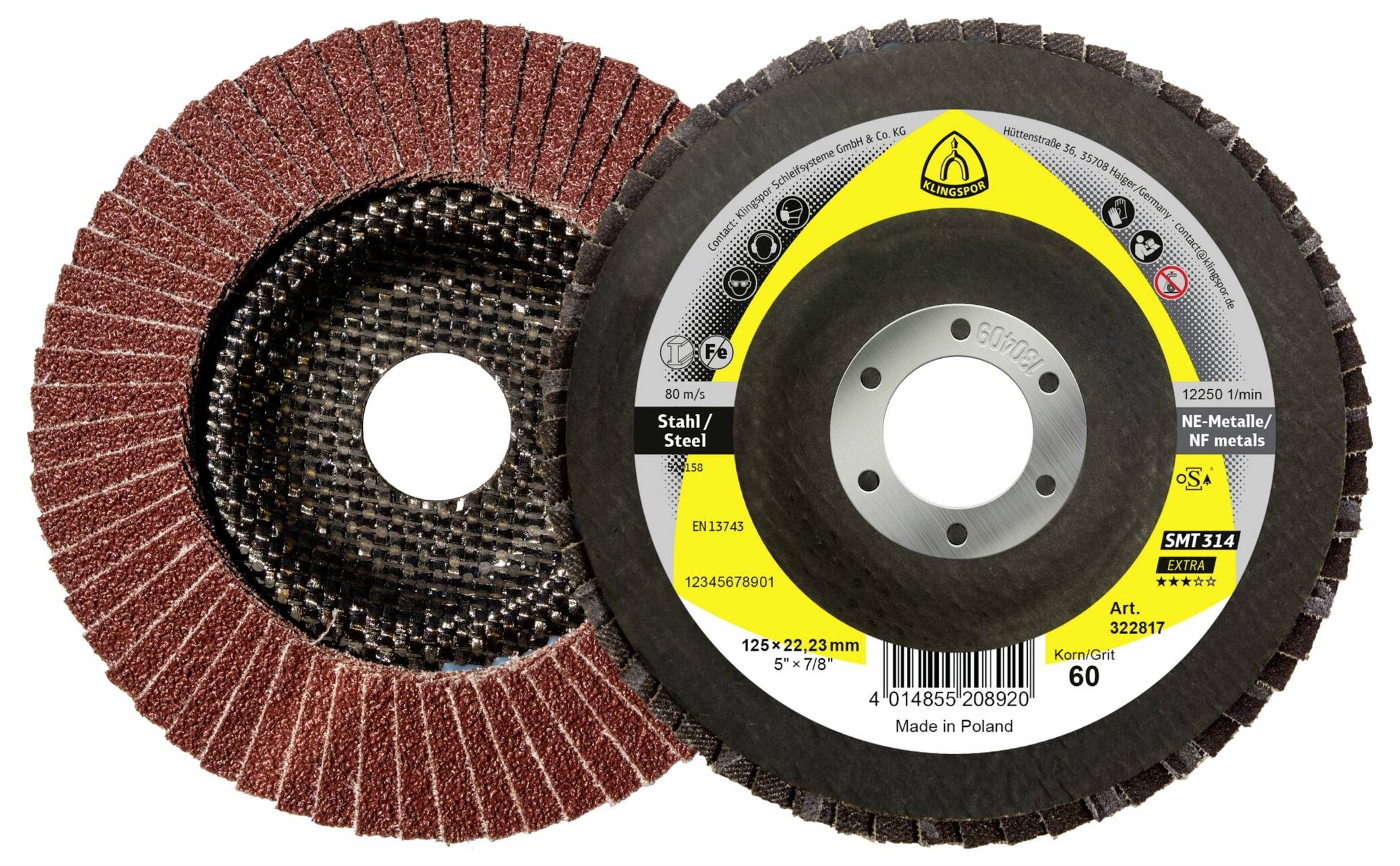 Zwei Lamellenschleifscheiben, eine zeigt die Schleifseite mit roten Lamellen, die andere zeigt die Etikette mit technischen Daten und Verwendungshinweisen.