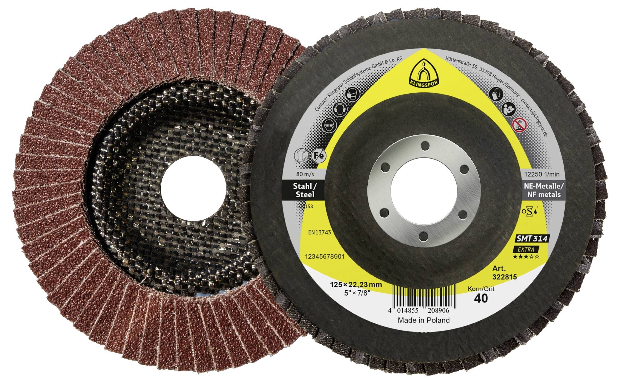 Zwei industrielle Schleifscheiben: eine Vorderansicht mit Beschriftung, eine Rückansicht. Beschriftung lautet: „SMT 314 Stahl 125 mm, 40 Körnung, Hergestellt in Polen