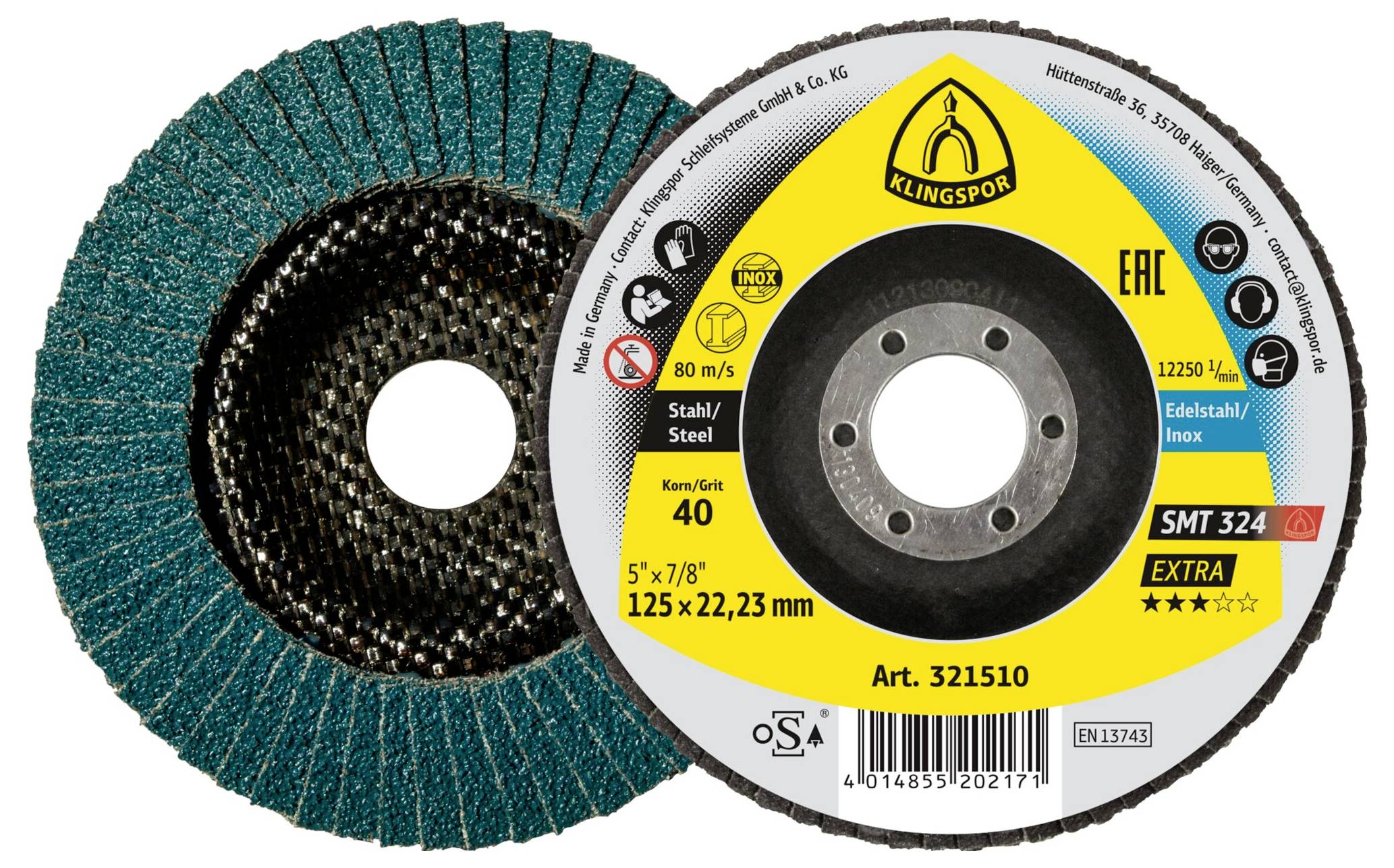 Schleiffächerscheibe gekennzeichnet für Stahl, Körnung 40, 125x22,23 mm. Merkmale umfassen Höchstgeschwindigkeit 80 m/s, 12250 U/min. Klingspor SMT 324 Extra.