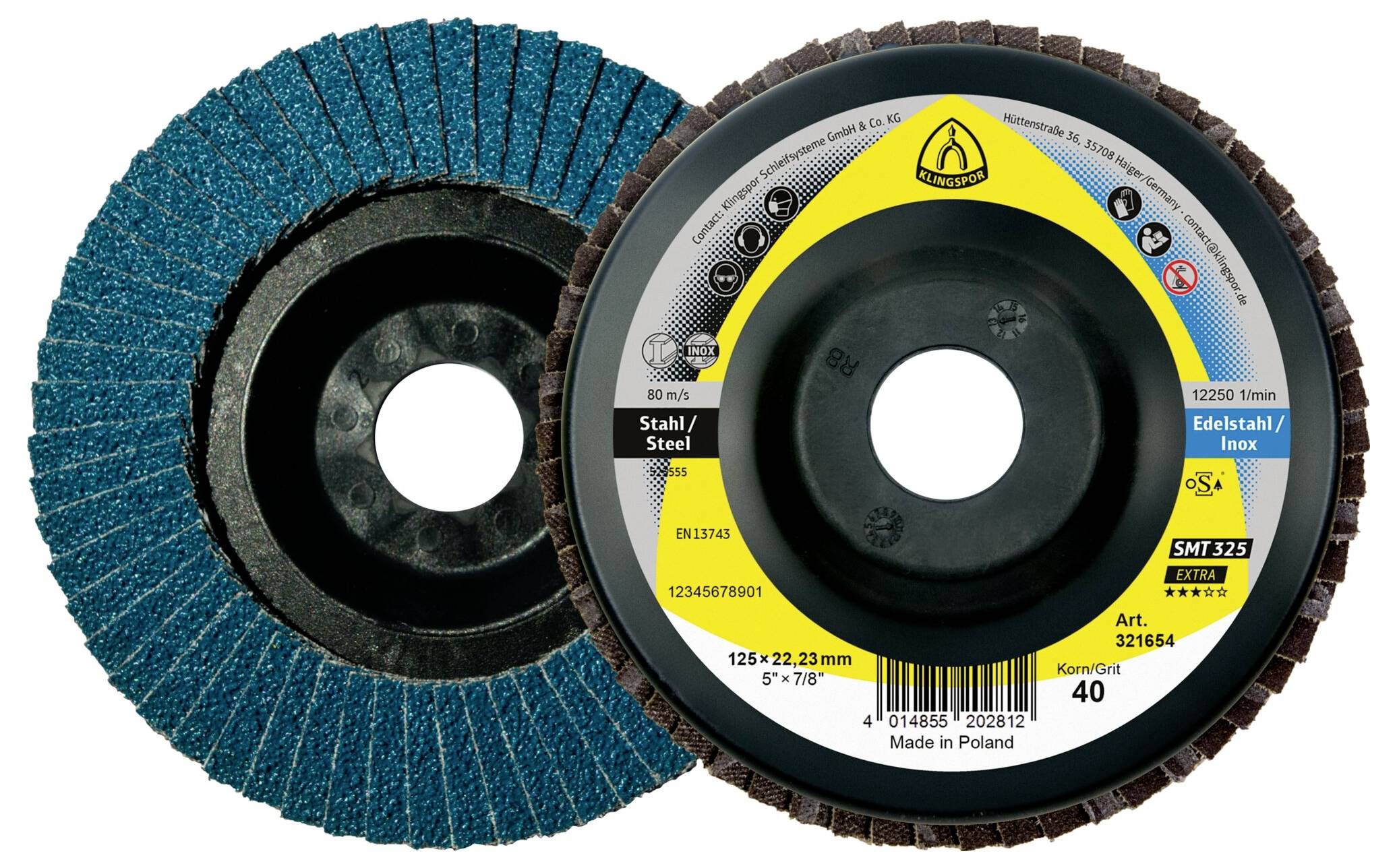 Abrasive Lamellenscheiben zum Metallschleifen. Eine Scheibe zeigt blaue überlappende Schleiflamellen; die andere trägt eine Beschriftung, die einen Durchmesser von 125 mm angibt, geeignet für Stahl.