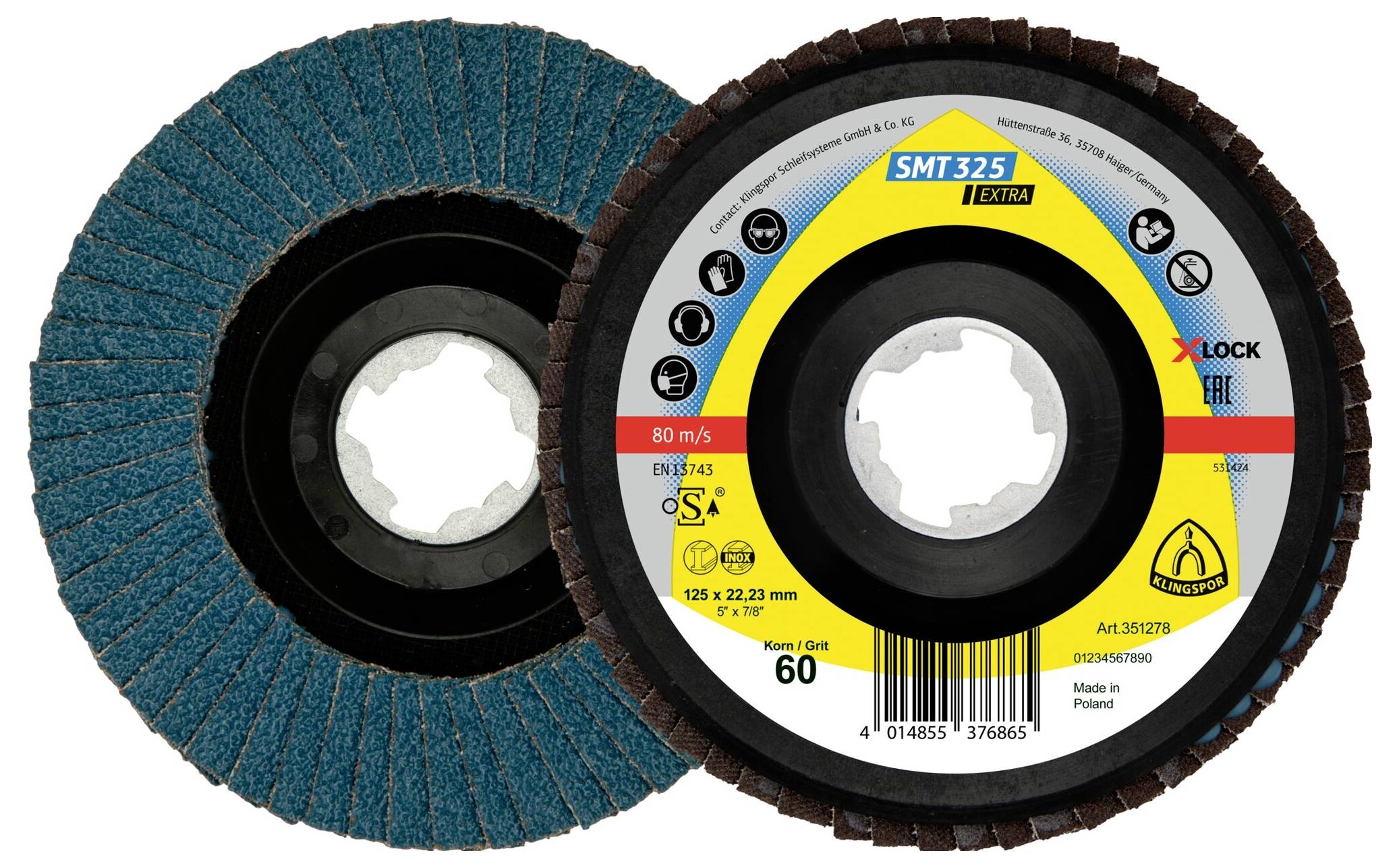 'SMT 325 Extra' Lamellenschleifscheibe mit Körnungsangaben, Geschwindigkeit und X-Lock-Systemlogo, verwendet zum Schleifen und Nachbearbeiten von Oberflächen.