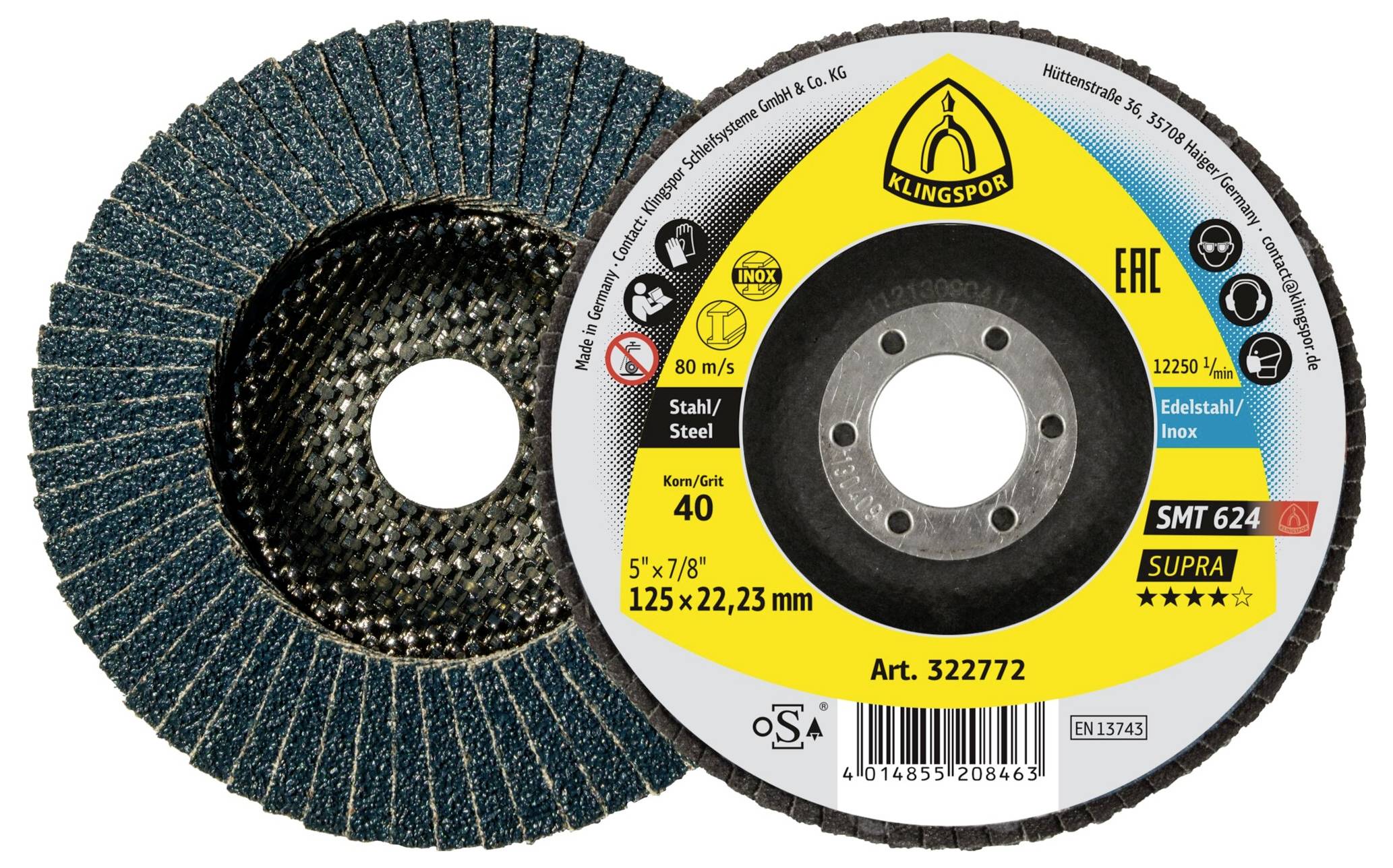 Zwei Klingspor SMT 624 Fächerschleifscheiben, mit bekörnerter Oberfläche, gekennzeichnet für Stahlbearbeitung, Größe 125x22,23 mm, Körnung 40, bei einer Geschwindigkeit von 80 m/s.