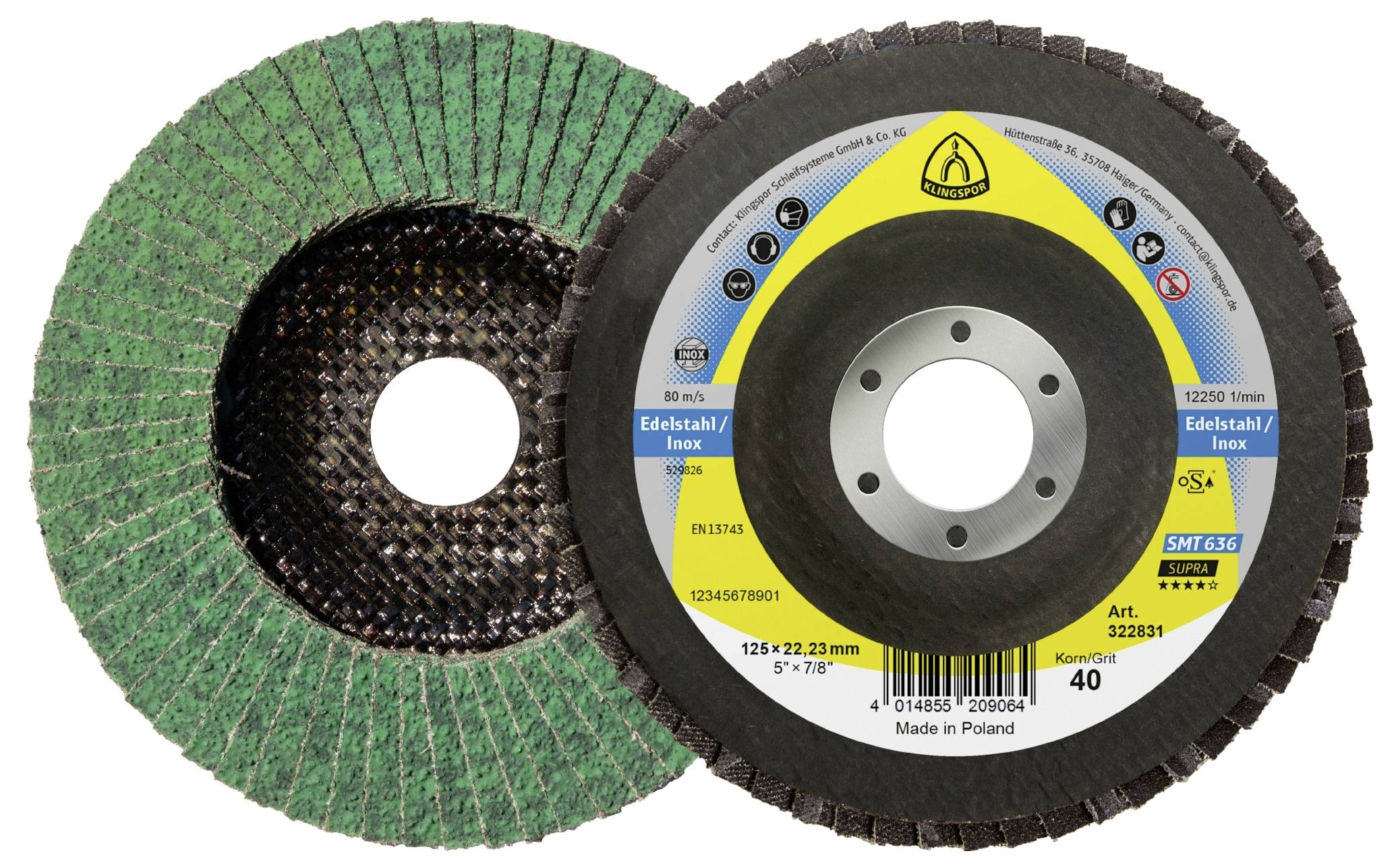Zwei Schleiflamellenscheiben, eine mit grünem Schleifkorn zum Metallschleifen und eine andere mit braunem Schleifkorn, gekennzeichnet mit ‚Inox' und ‚Made in Poland'.