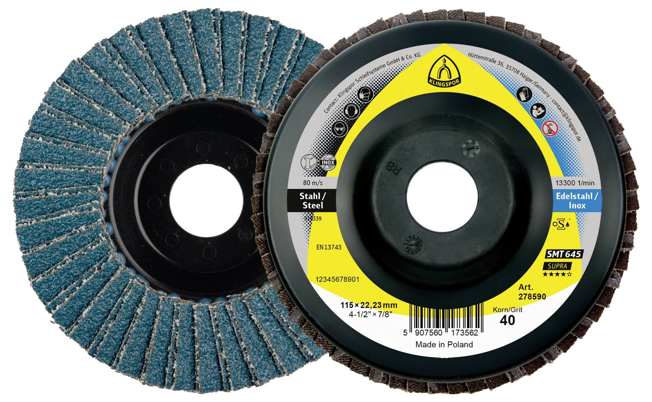 Abrasive Lamellenschleifscheibe für Stahl und Edelstahl, 115x22,23 mm, Körnung 40, 13300 U/min, von Klingspor. Ausgestattet mit Schleiflamellen und zentralem Aufnahmebohrung.