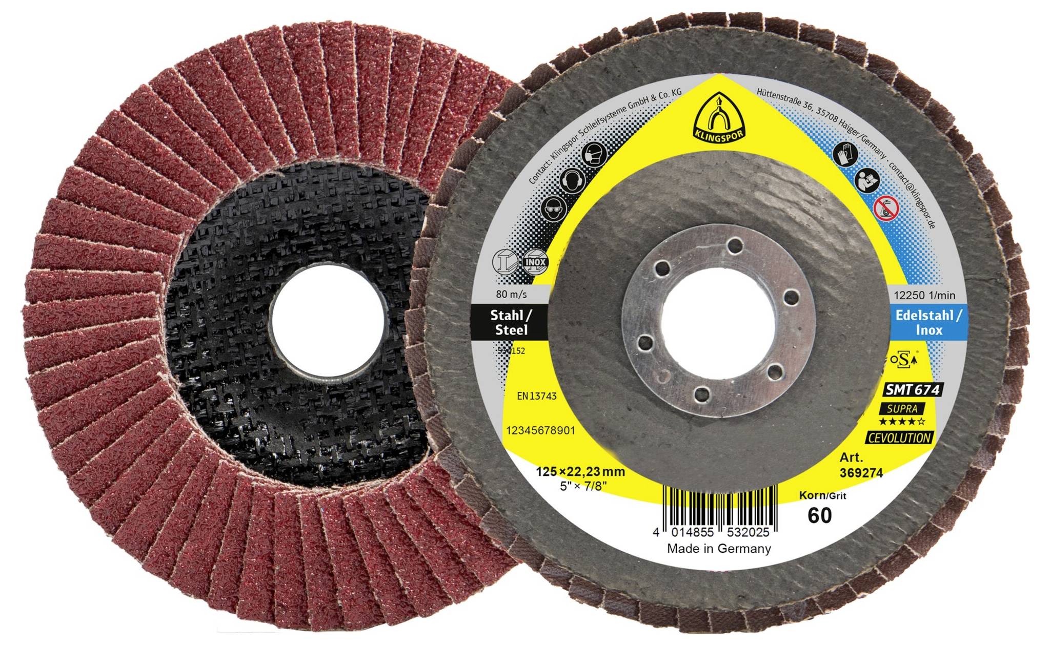 Abrasive Lamellenscheiben zum Metallschleifen, für Stahl- und Edelstahlanwendungen, mit Korngröße 60, 125x22,23 mm, hergestellt in Deutschland.