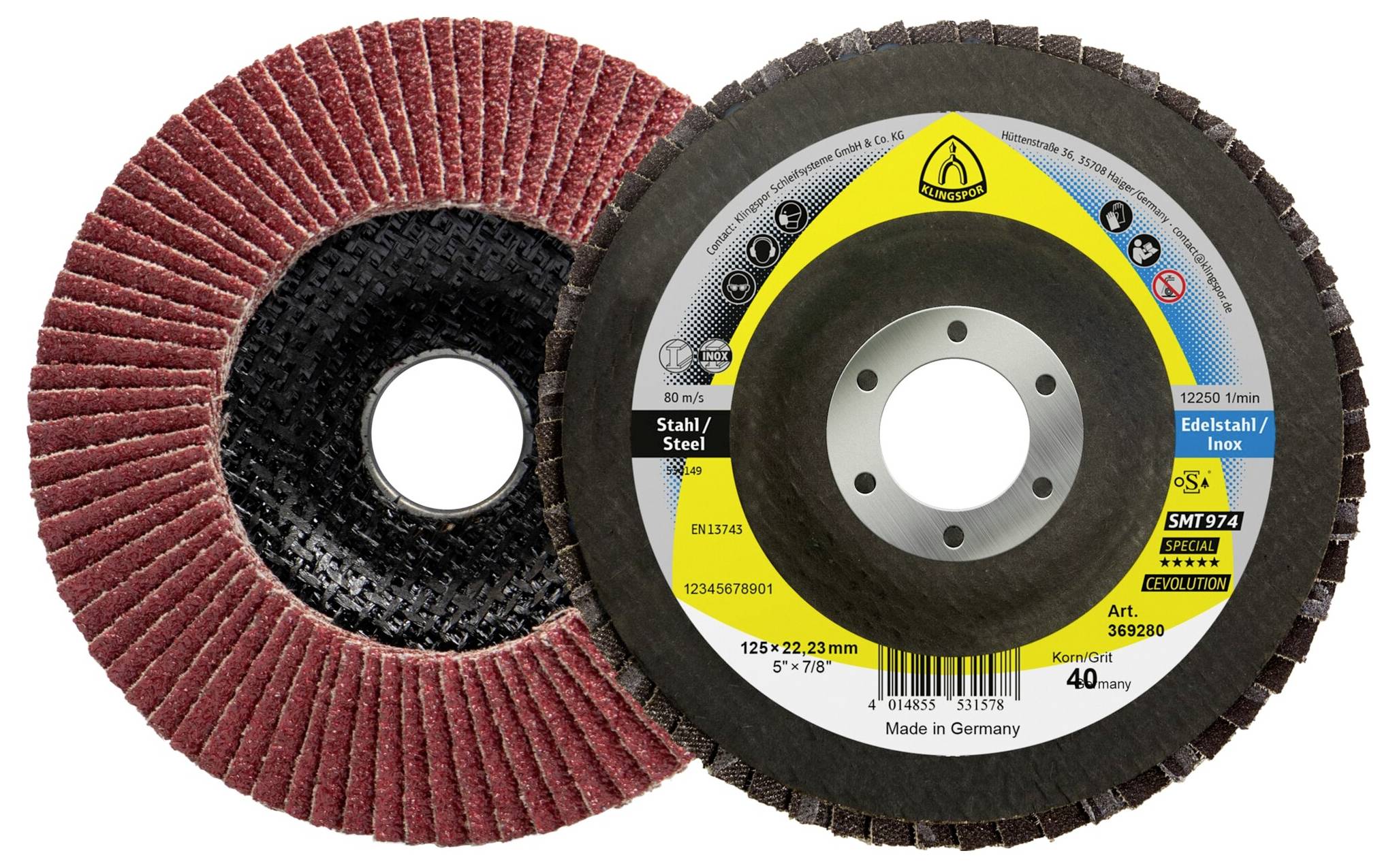 Schleiffächerscheibe mit roter, geschichteter Schleifoberfläche neben schwarzem kreisförmigem Träger. Etikett zeigt Details: Größe 125x22,23 mm, Körnung 40, für Stahl, hergestellt in Deutschland.