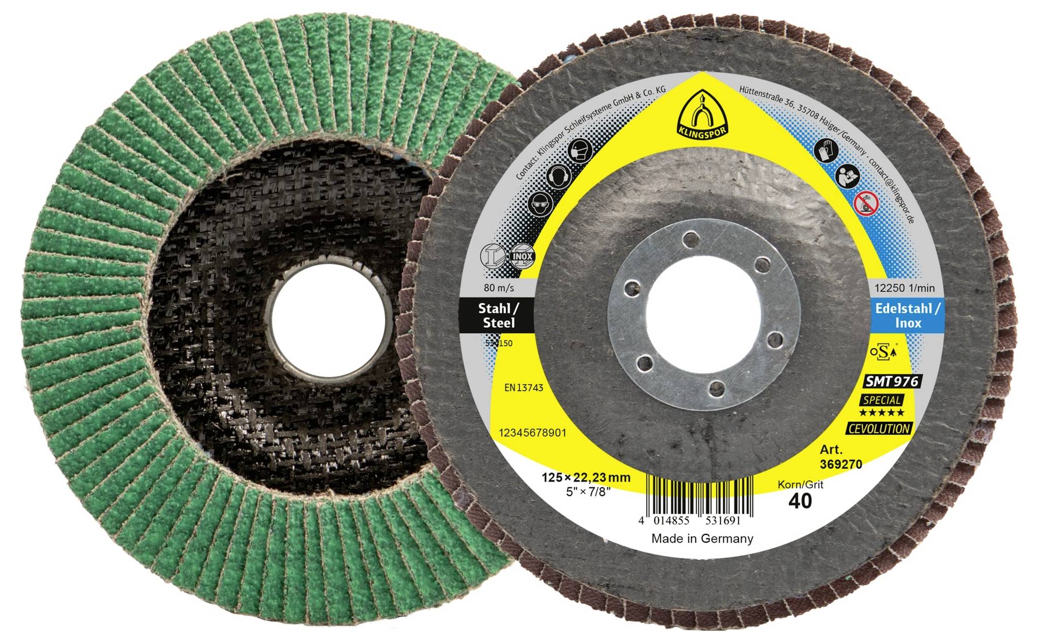 Abrasive-Lamellenscheiben für Stahl und Edelstahl; eine mit grünen Lamellen, eine mit braunen Lamellen. Etiketten zeigen Spezifikationen und Herkunft an.