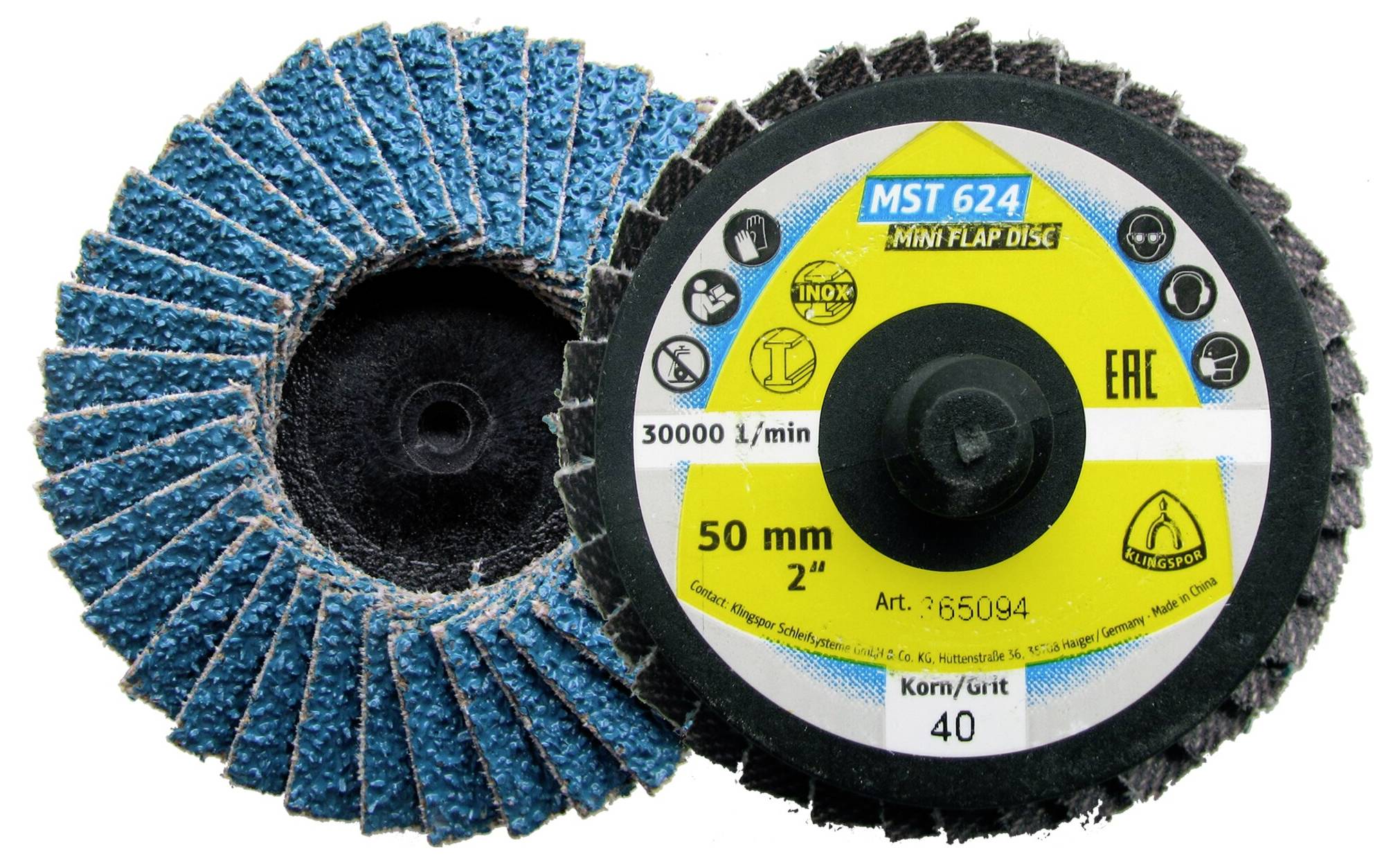 Zwillingsfächerscheiben; links: strukturierte blaue Oberfläche, rechts: beschriftete Seite mit der Marke MST 624, 50 mm Größe, 40 Körnung für Polieren/Finish.