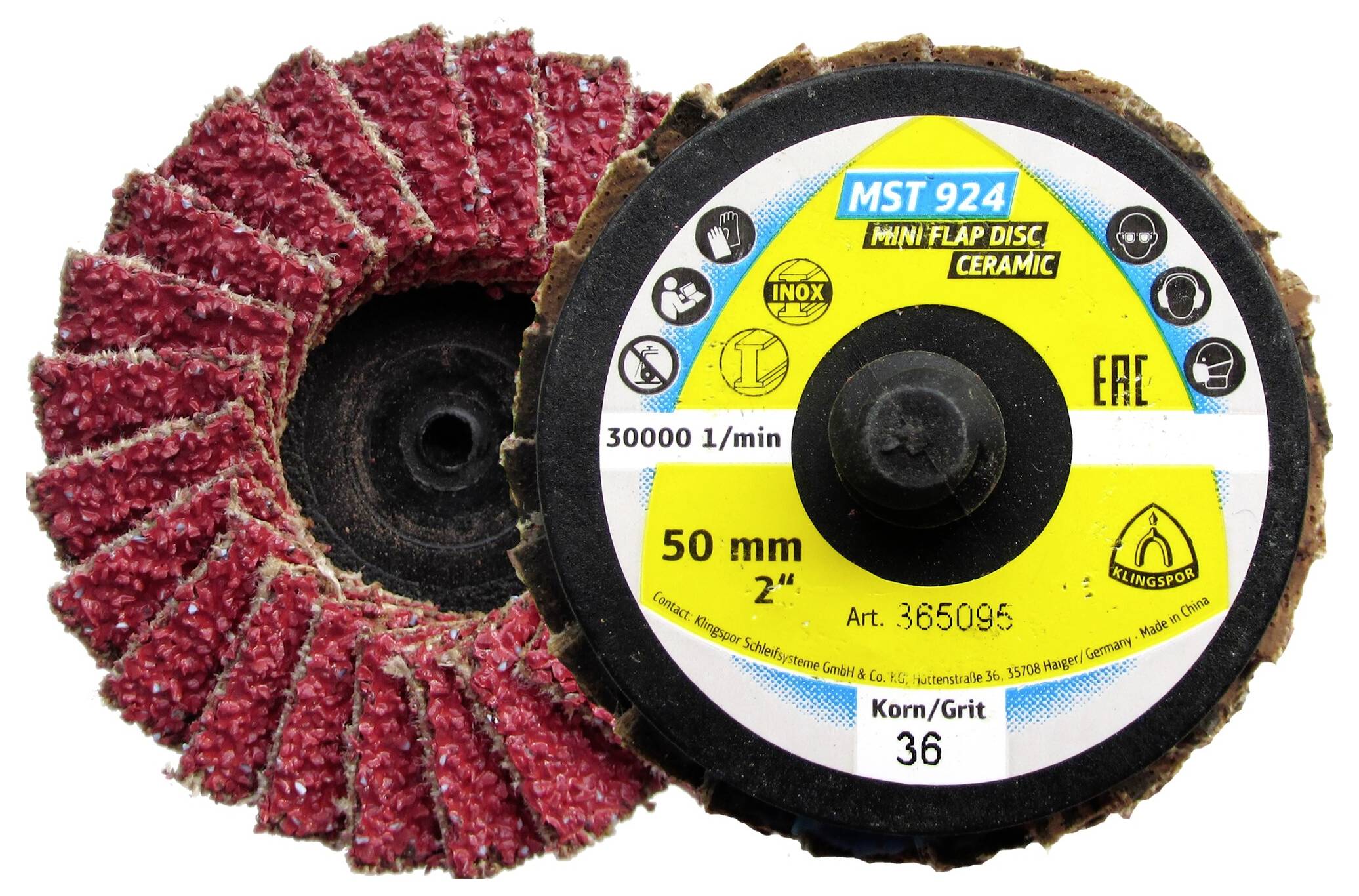 Eine rote Mini-Lamellenscheibe mit Keramikkorund, gekennzeichnet mit „50 mm, 2 Zoll, Korn 36