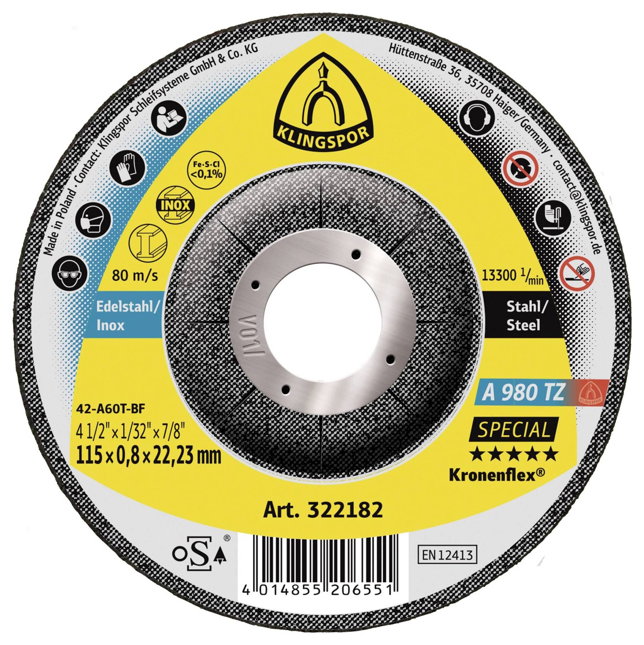 Klingspor A 980 TZ Special 322182 Trennscheibe gekröpft 115mm 25 St. Edelstahl, Stahl, NE-Metalle