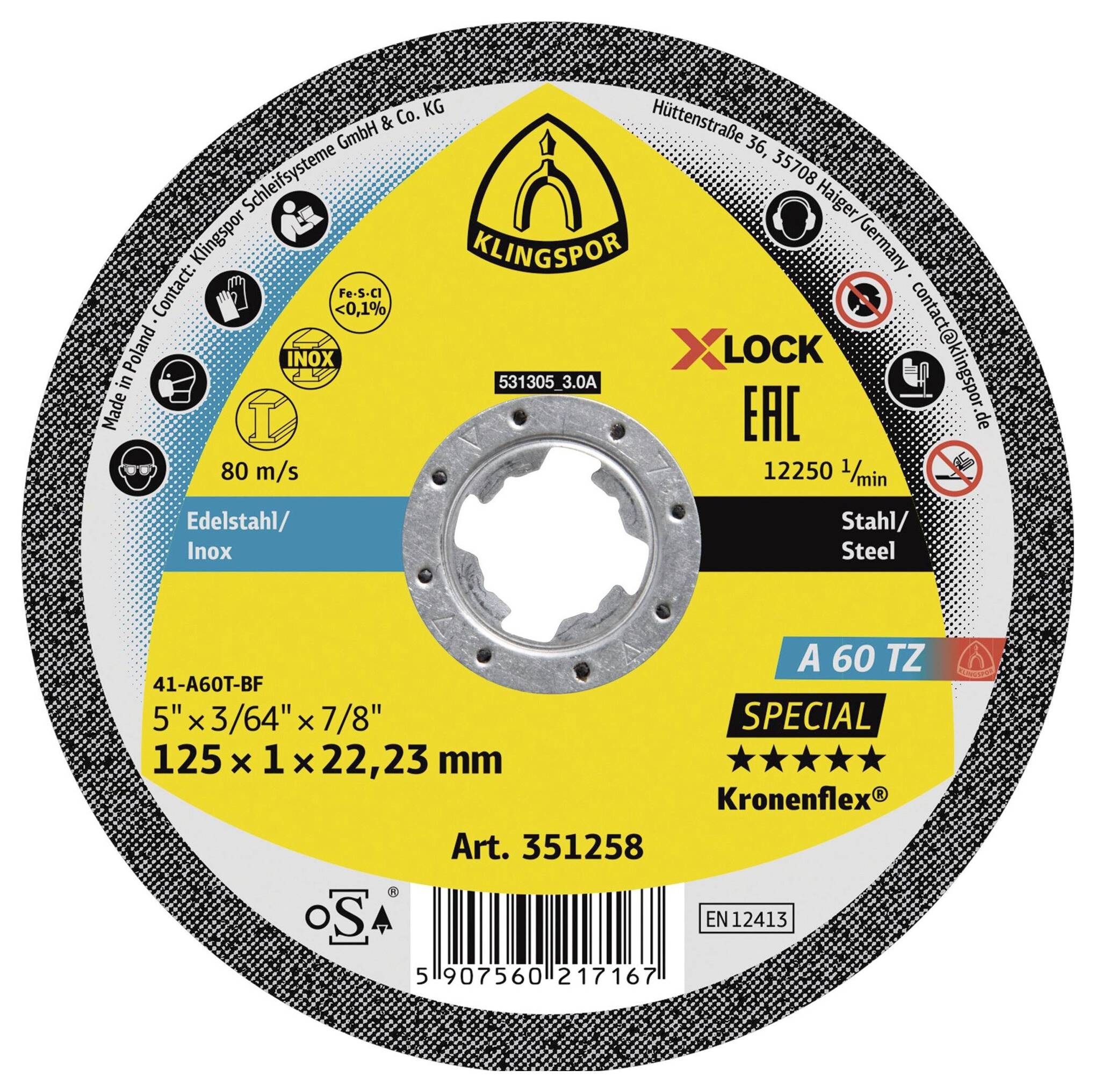 Klingspor A 60 TZ Special 351258 Trennscheibe gerade 125mm 25 St. Edelstahl, Stahl