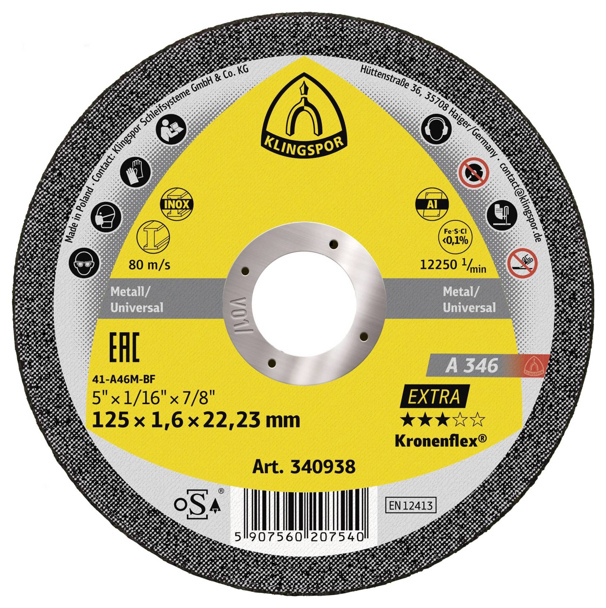 Klingspor A 346 Extra 340938 Trennscheibe gerade 125mm 25 St. Edelstahl, Stahl