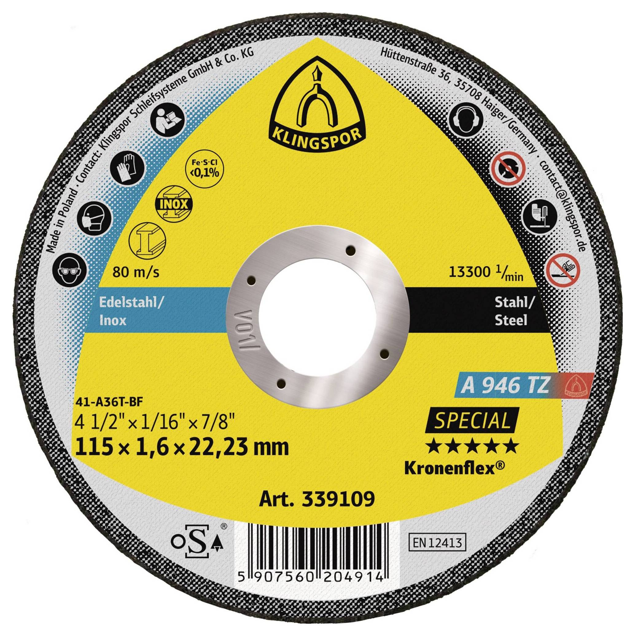 Klingspor A 946 TZ Special 339109 Trennscheibe gerade 115 mm 25 St. Stahl, Edelstahl