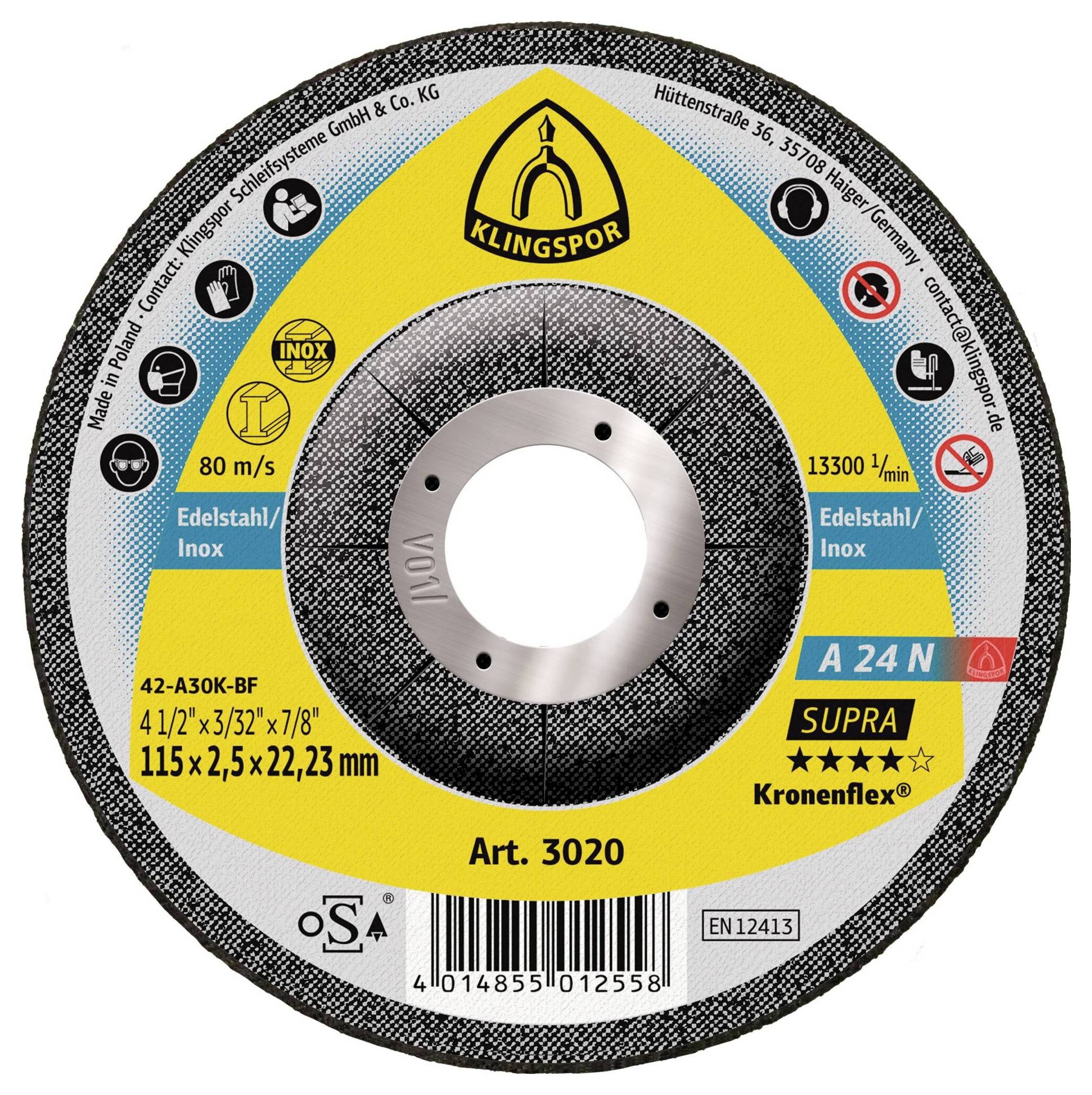 Klingspor A 24 N Supra 3020 Trennscheibe gekröpft 115mm 25 St. Edelstahl