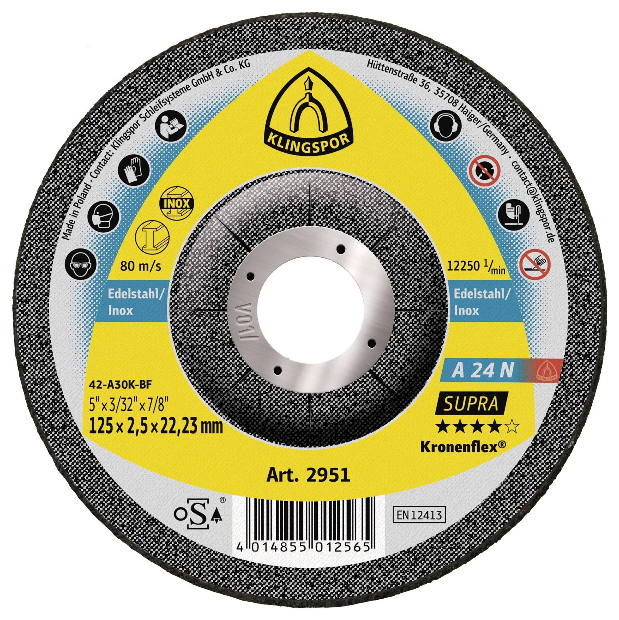 Klingspor A 24 N Supra 2951 Trennscheibe gekröpft 125mm 25 St. Edelstahl