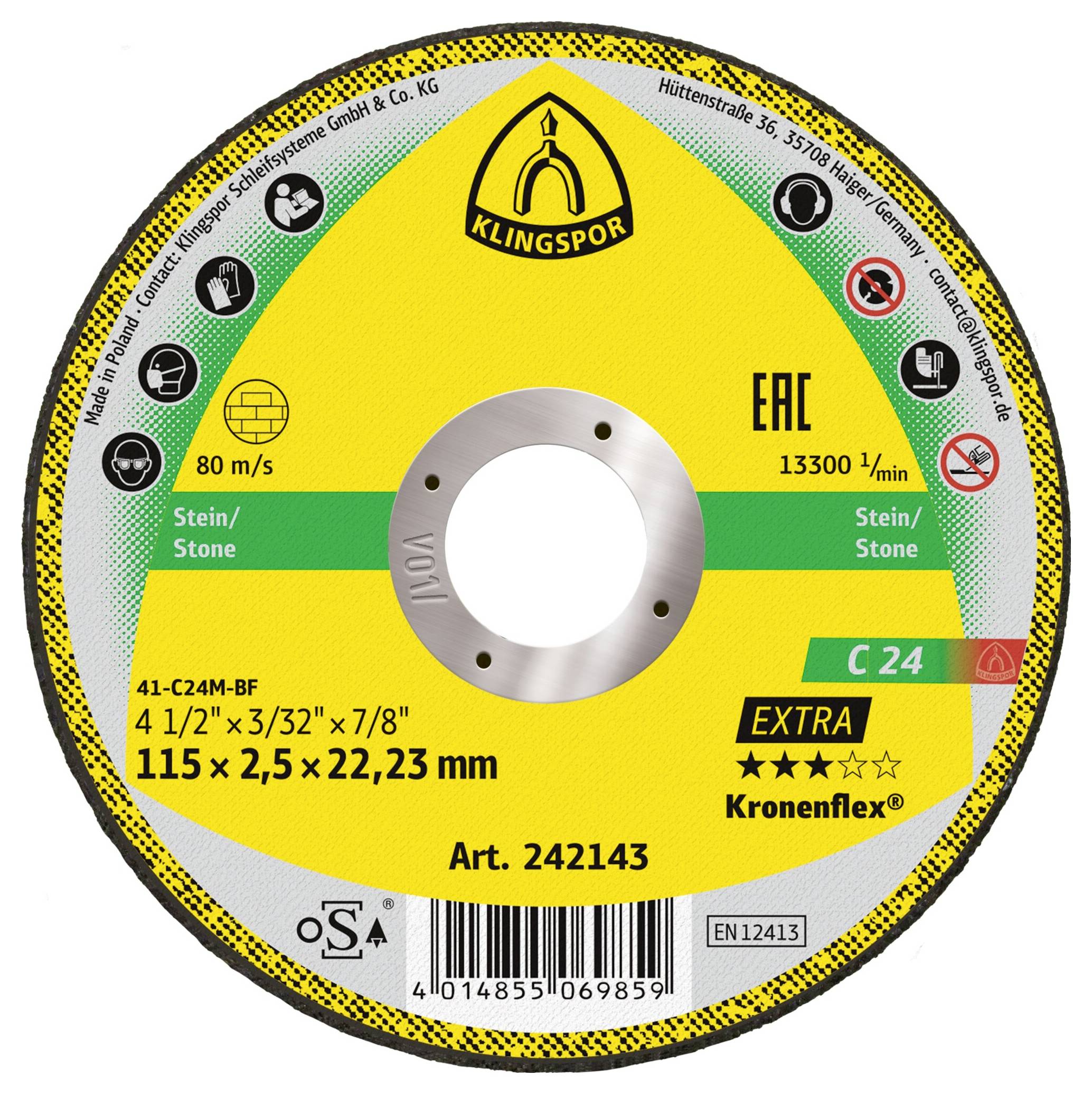 Klingspor C 24 Extra 242143 Trennscheibe gerade 115mm 25 St. Stein, Beton