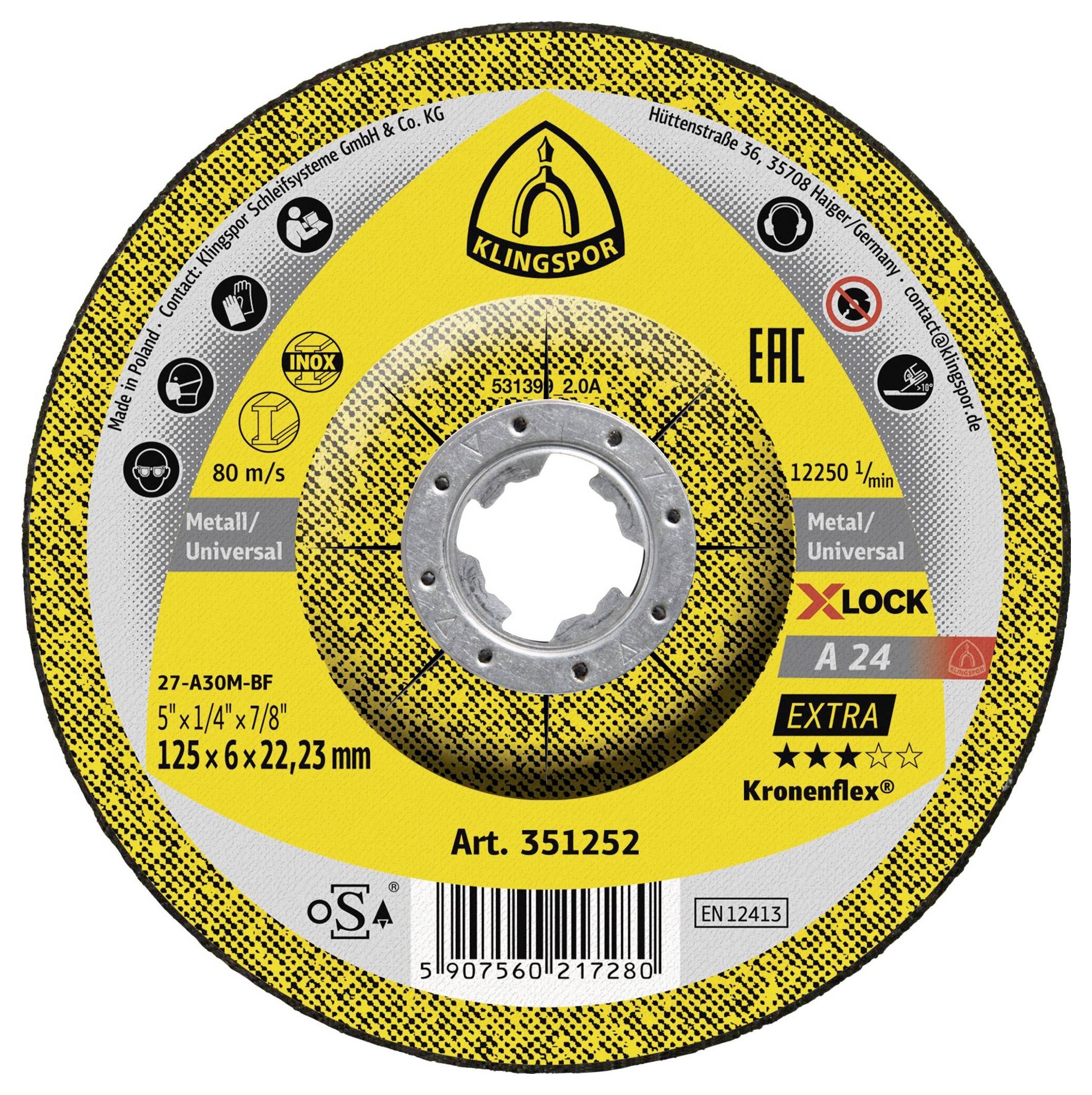 Klingspor 351252A 24 Extra Schruppscheibe Durchmesser 125mm Bohrungs-Ø 22.23mm Metall 10St.