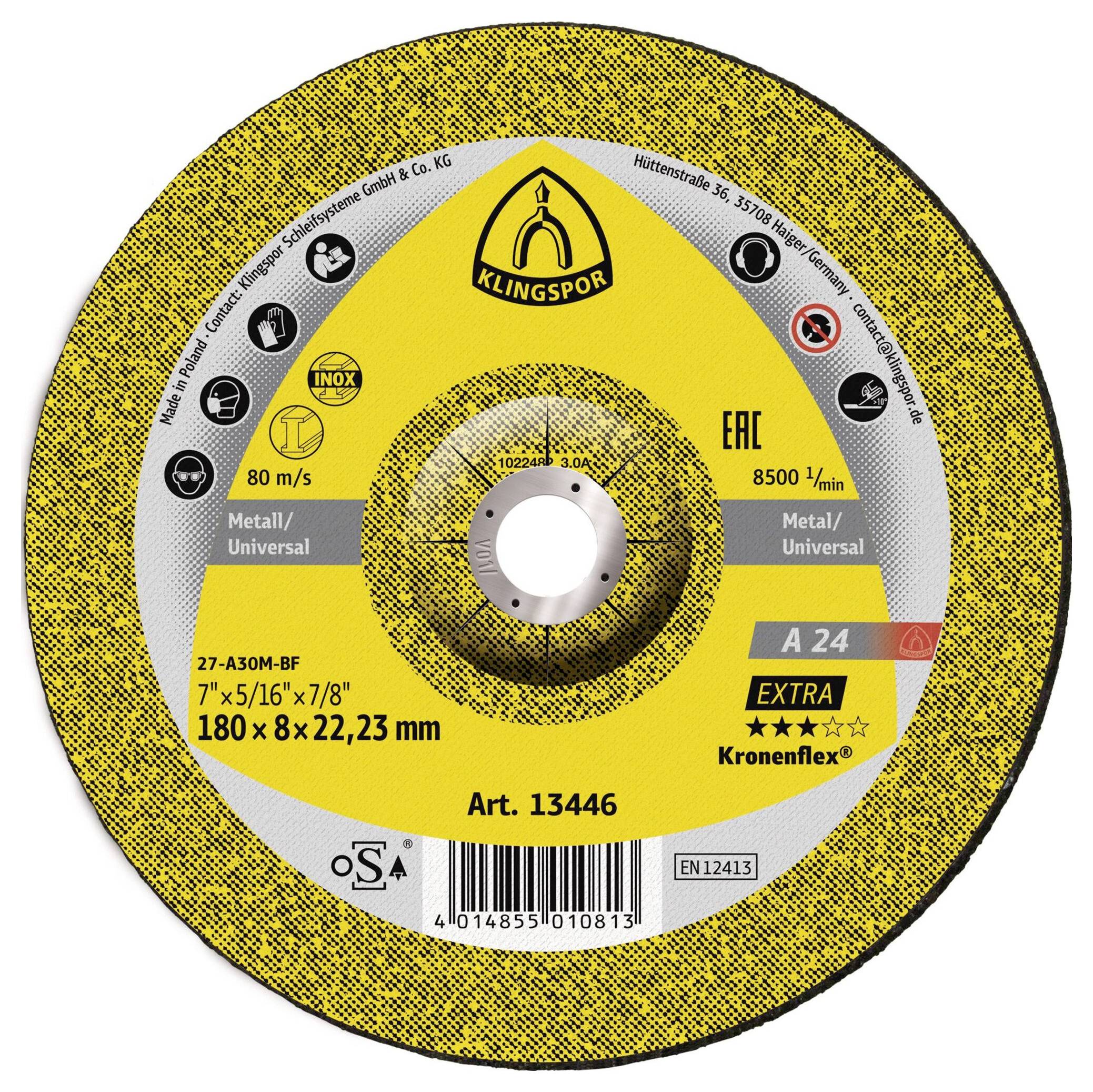 Eine gelbe Trennscheibe der Marke 'Klingspor' zum Schneiden von Metall/Universal, Typ A24, Größe 180 x 22,23 mm, maximale Drehzahl 8500 U/min.