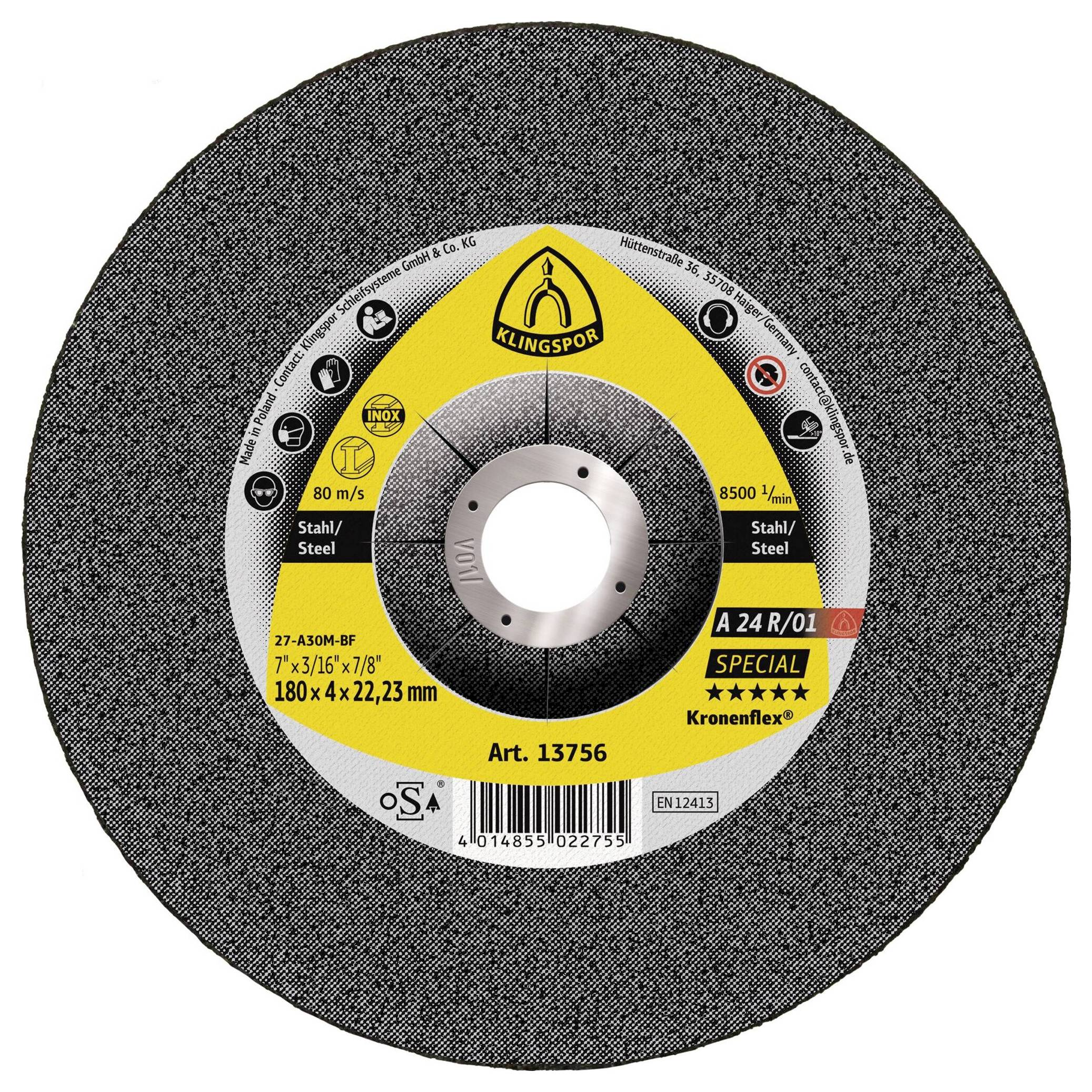 Eine runde Schleiftrennscheibe mit einem gelb-schwarzen Etikett, gekennzeichnet mit 'Klingspor', 'A24R/01 Special' und 'Art. 13756', die für Stahl entwickelt wurde.