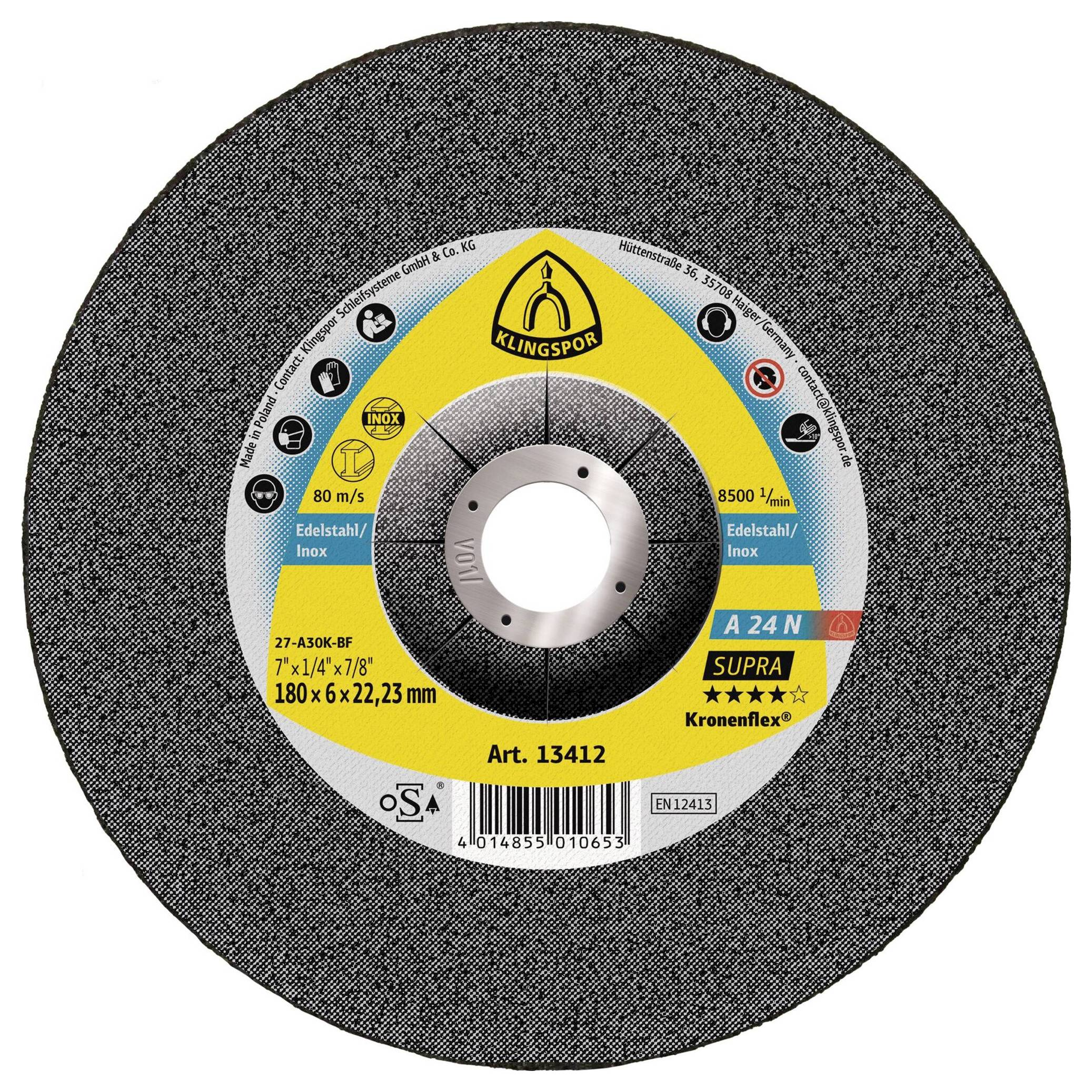 Klingspor 13412A 24 N Supra Schruppscheibe Durchmesser 180mm Bohrungs-Ø 22.23mm Edelstahl 10St.