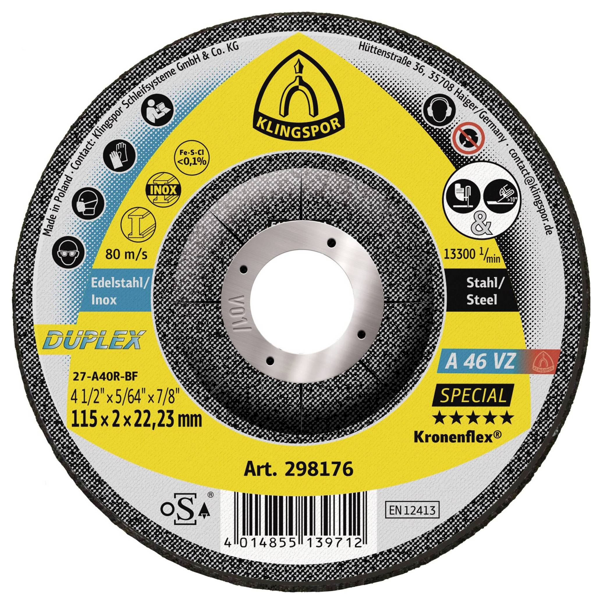 Klingspor 298176 A 46 VZ Special Schruppscheibe Durchmesser 115 mm Bohrungs-Ø 22.23 mm Edelstahl, S