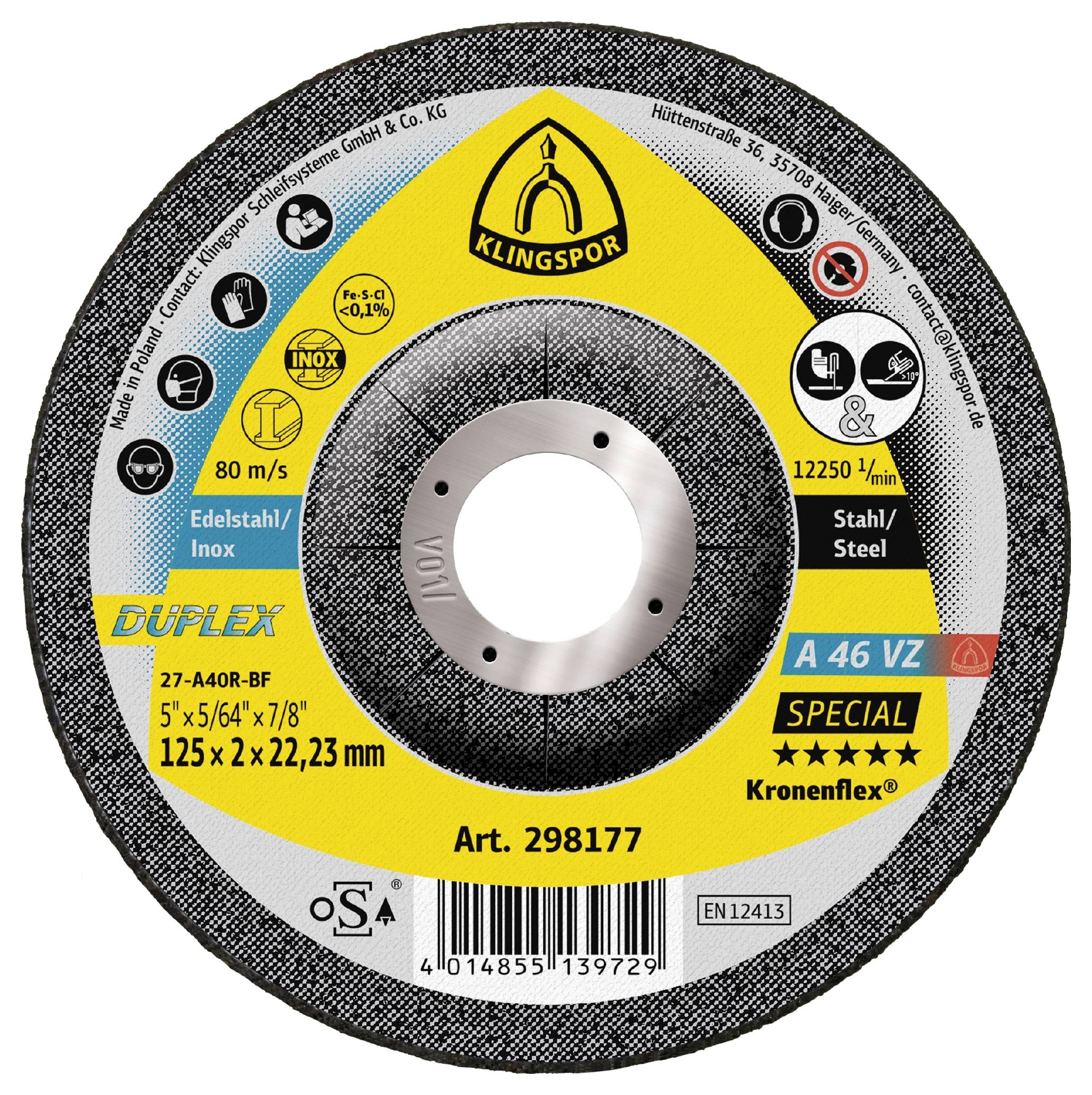 Klingspor 298177 A 46 VZ Special Schruppscheibe Durchmesser 125 mm Bohrungs-Ø 22.23 mm Edelstahl, S