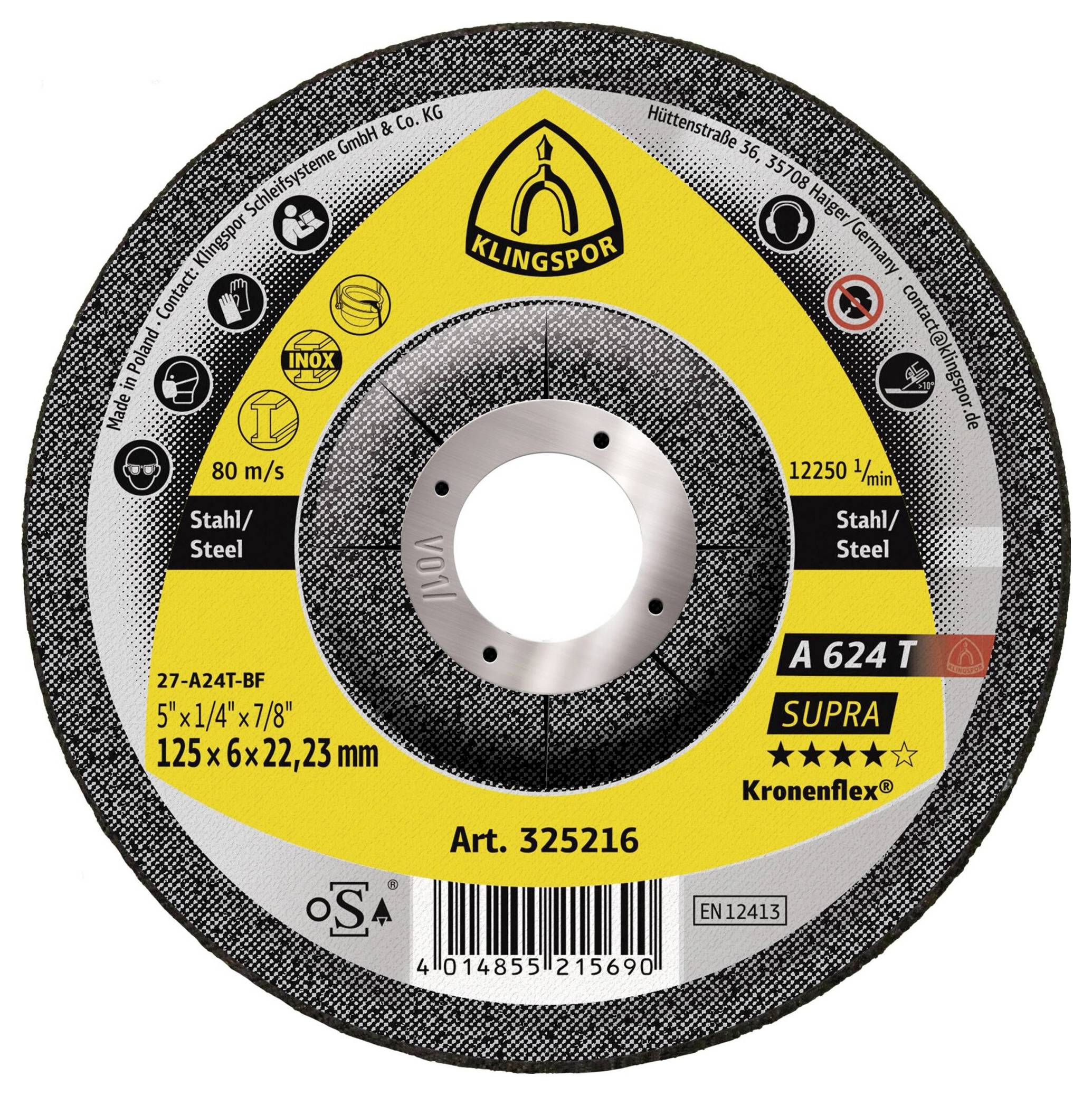 Klingspor 325216A 624 T Supra Schruppscheibe Durchmesser 125mm Bohrungs-Ø 22.23mm Stahl, Edelstahl, Guss 10St.