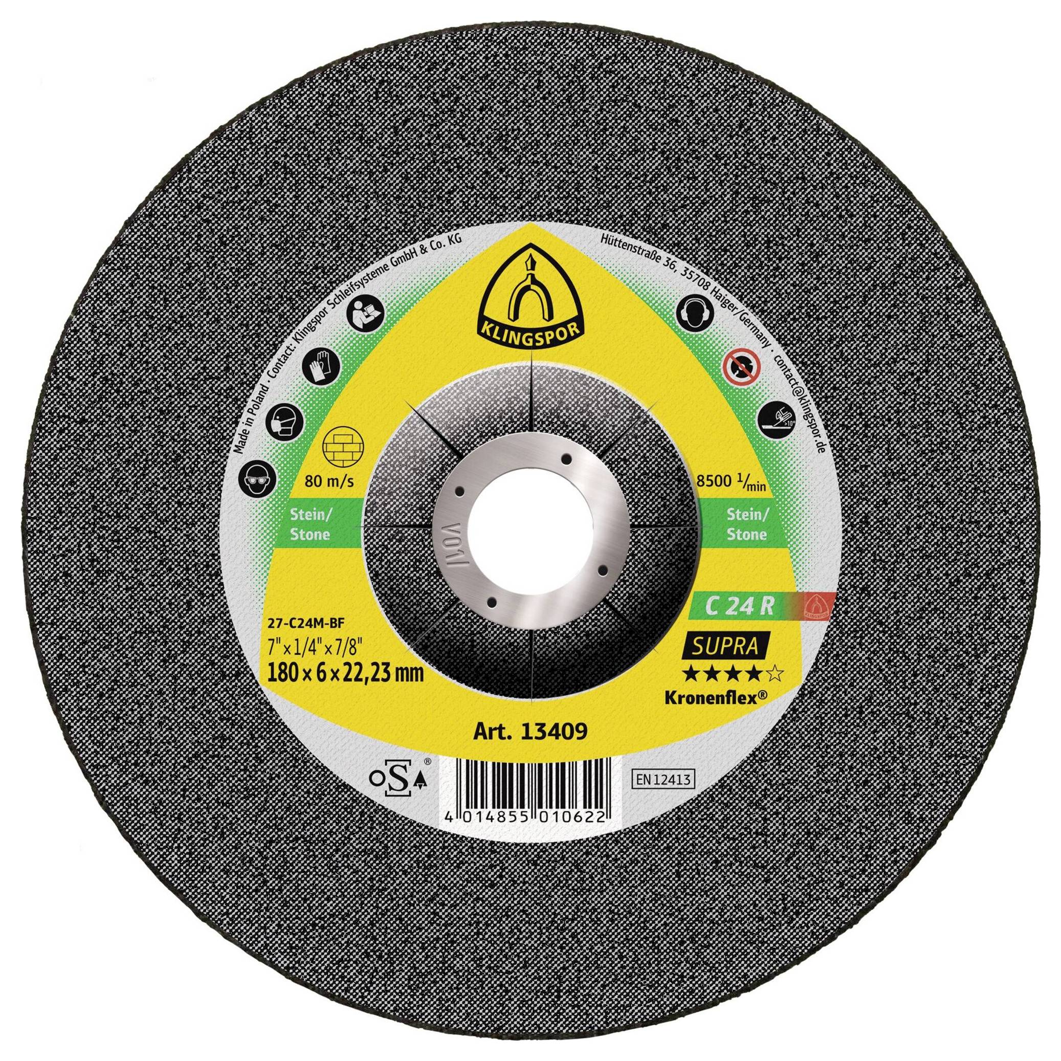 Klingspor 13409 C 24 R Supra Schruppscheibe Durchmesser 180mm Bohrungs-Ø 22.23mm Stein, Beton 10St.