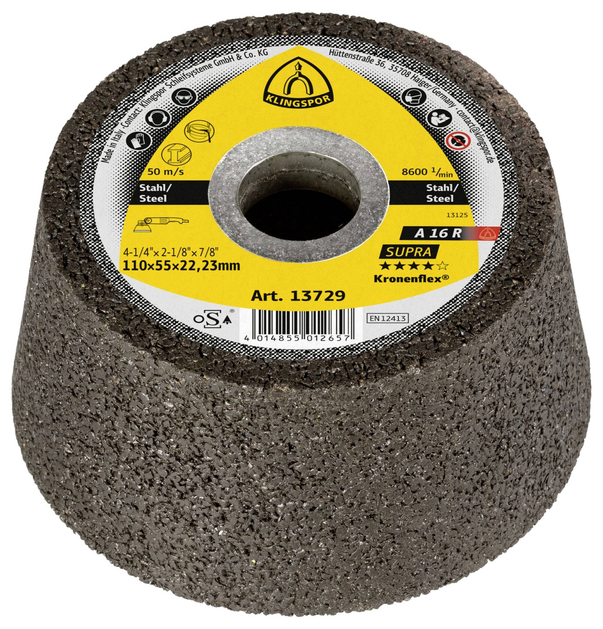 Ein zylindrischer Schleifstein mit der Bezeichnung 'Klingspor Supra A 16 R Special' zum Schleifen von Stahl, mit Sicherheitssymbolen und Spezifikationen.